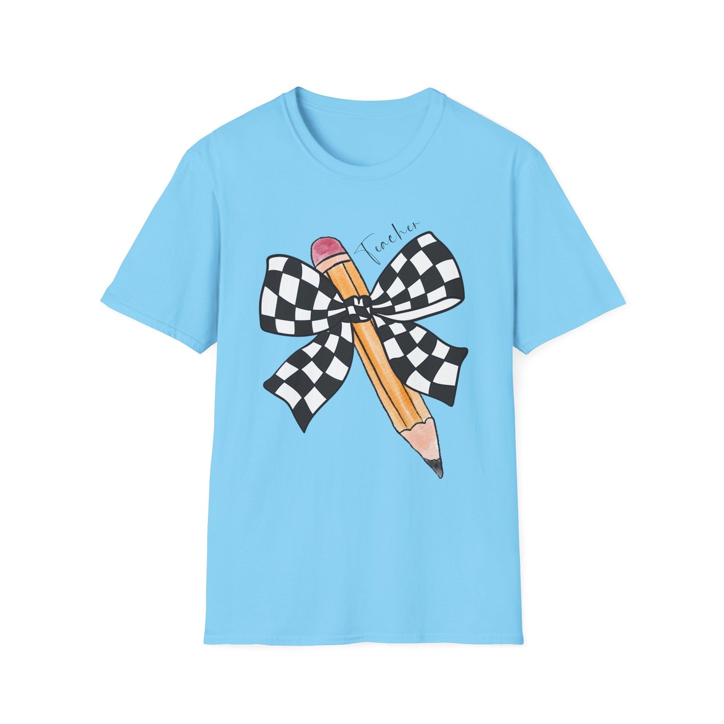 Checkered Bow + Pencil- Teacher Tee- Softstyle Unisex Tee