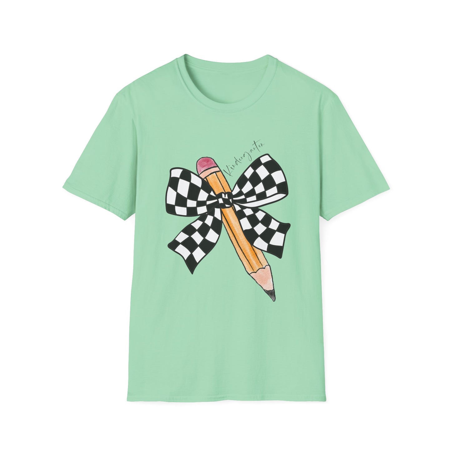 Kindergarten-Checkered Bow + Pencil- Teacher Tee- Softstyle Unisex Tee