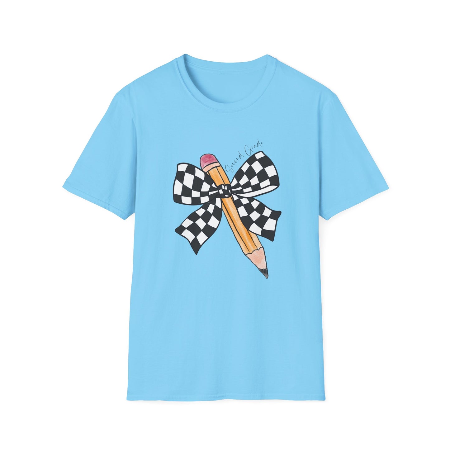 2nd Grade- Checkered Bow + Pencil- Teacher Tee- Softstyle Unisex Tee