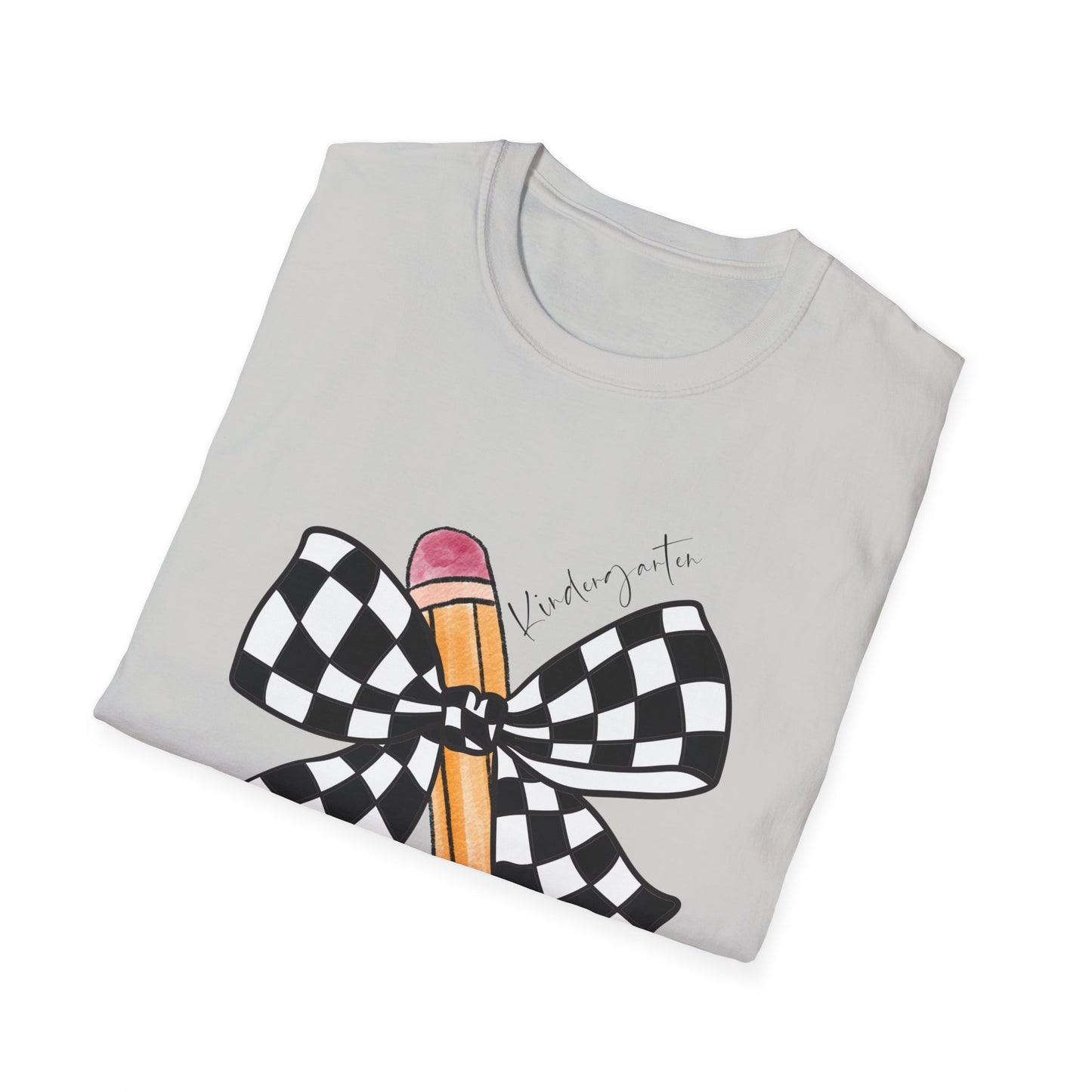 Kindergarten-Checkered Bow + Pencil- Teacher Tee- Softstyle Unisex Tee