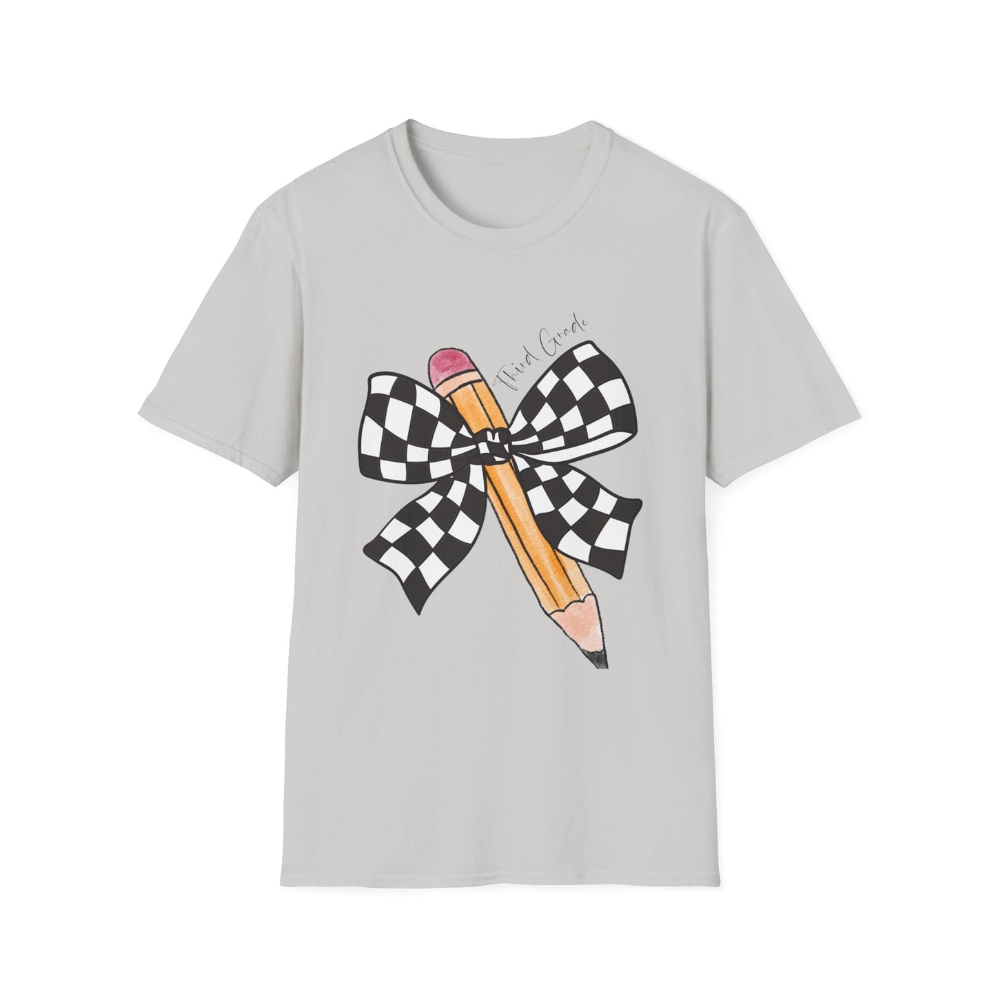 3rd Grade- Checkered Bow + Pencil- Teacher Tee- Softstyle Unisex Tee