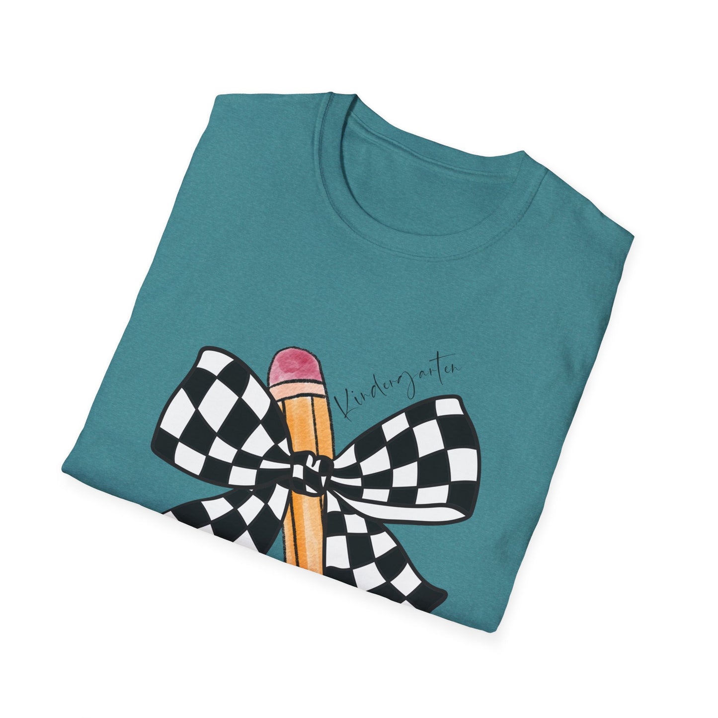 Kindergarten-Checkered Bow + Pencil- Teacher Tee- Softstyle Unisex Tee