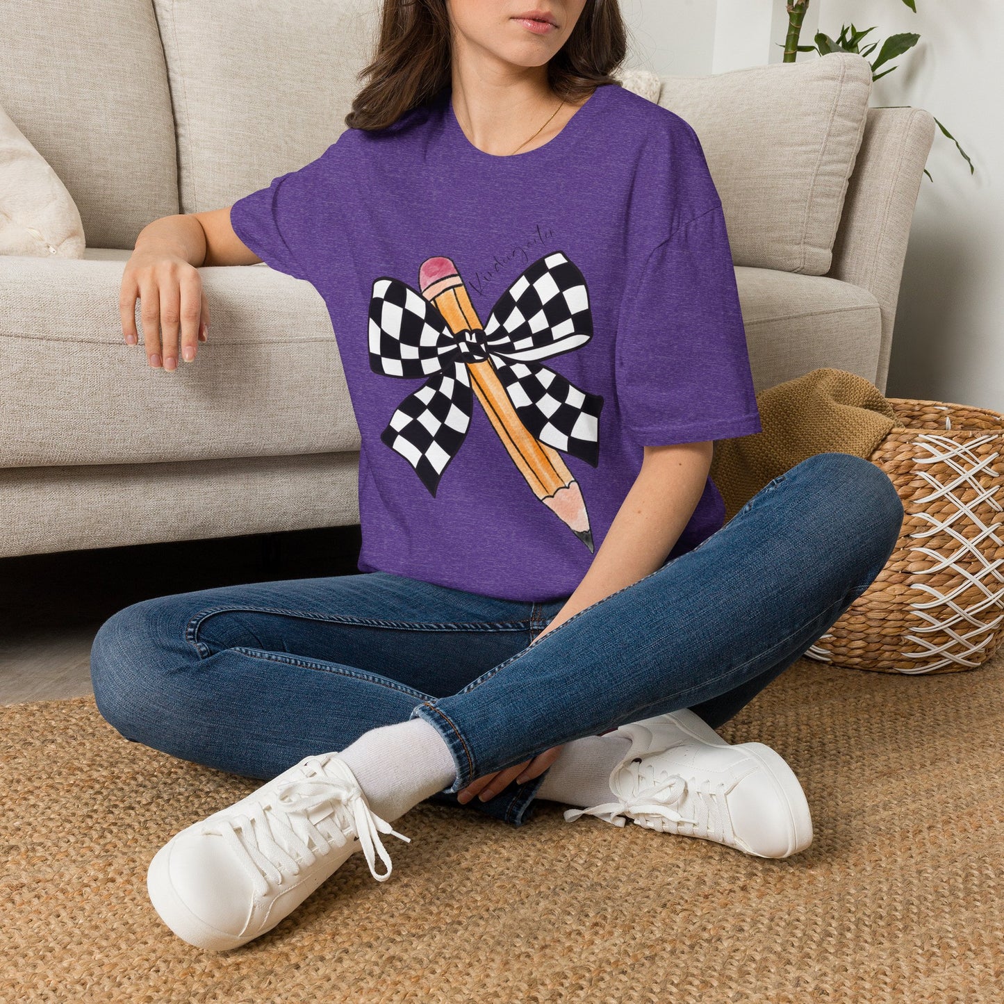 Kindergarten- Pencil & Checker Bow T‑Shirt — Teacher Collection