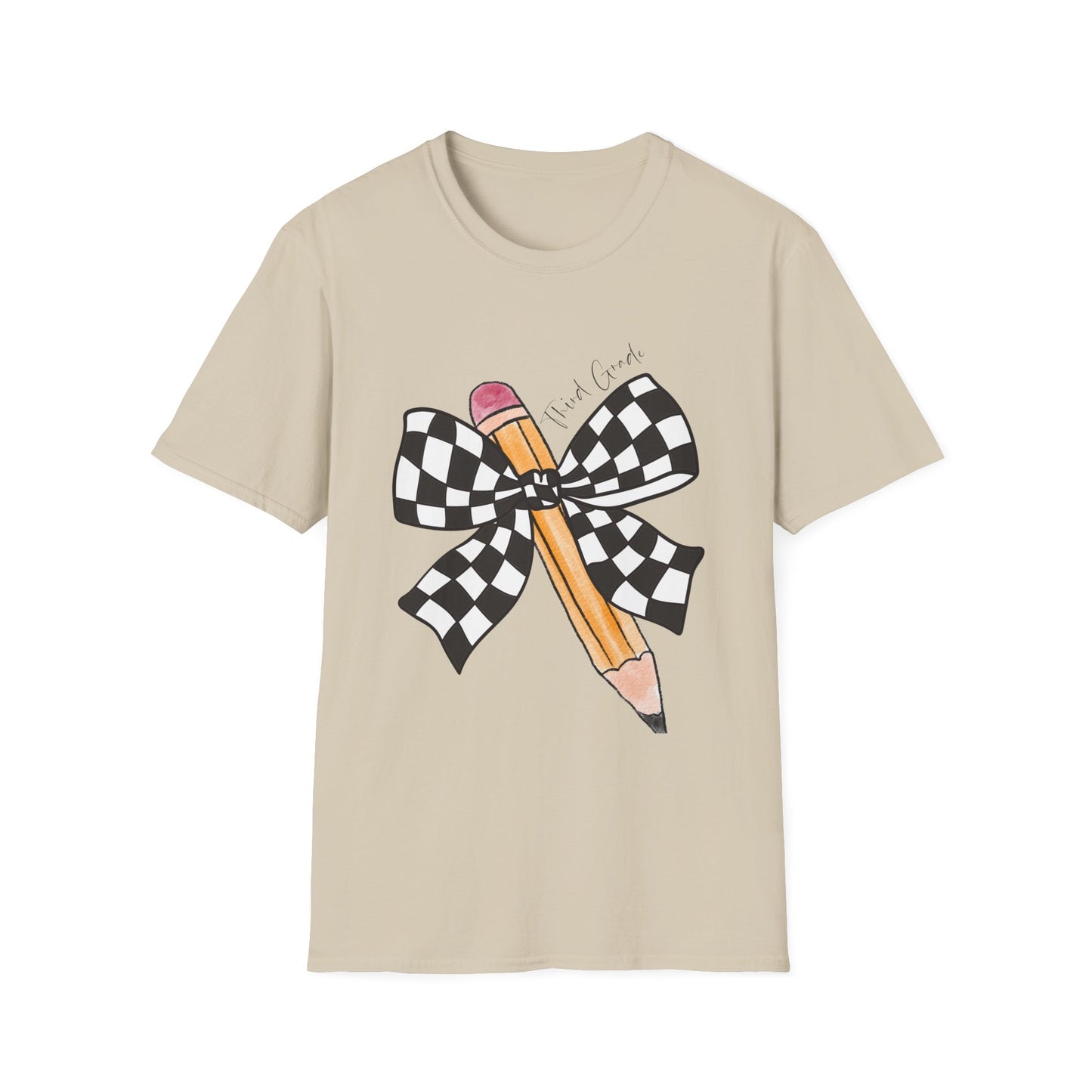 3rd Grade- Checkered Bow + Pencil- Teacher Tee- Softstyle Unisex Tee