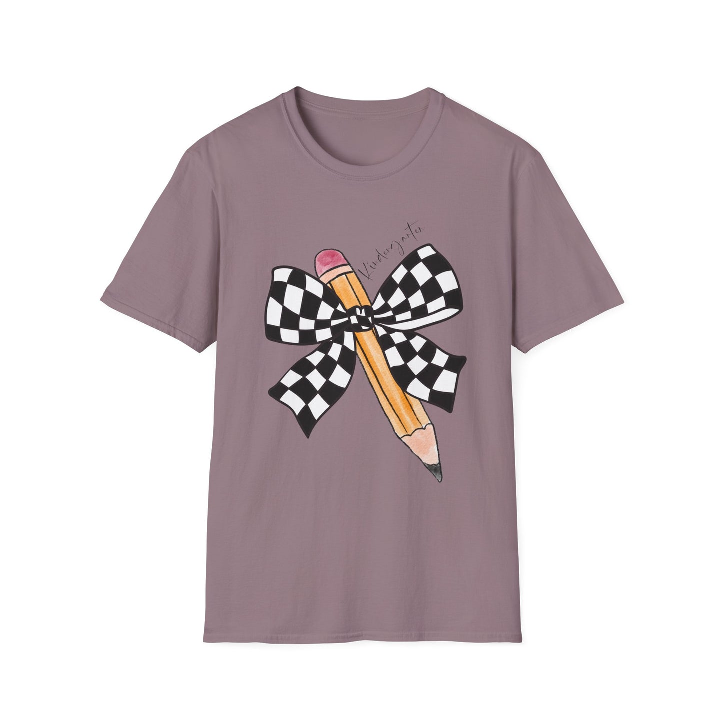 Kindergarten- Pencil & Checker Bow T‑Shirt — Teacher Collection