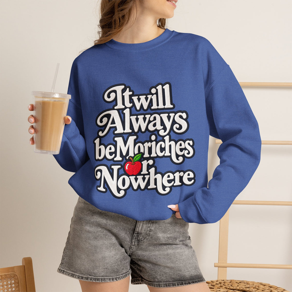 "Moriches or Nowhere" w/ apple- LARGE FRONT Crewneck Sweatshirt