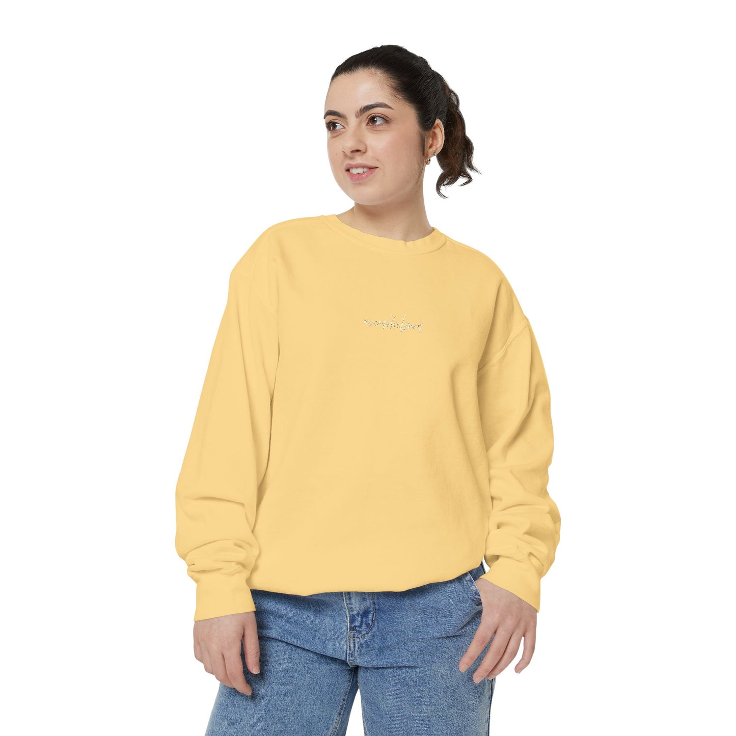 Overwhelmed (cursive)- One Word- Garment-Dyed Sweatshirt -Relaxed Fit- Unisex