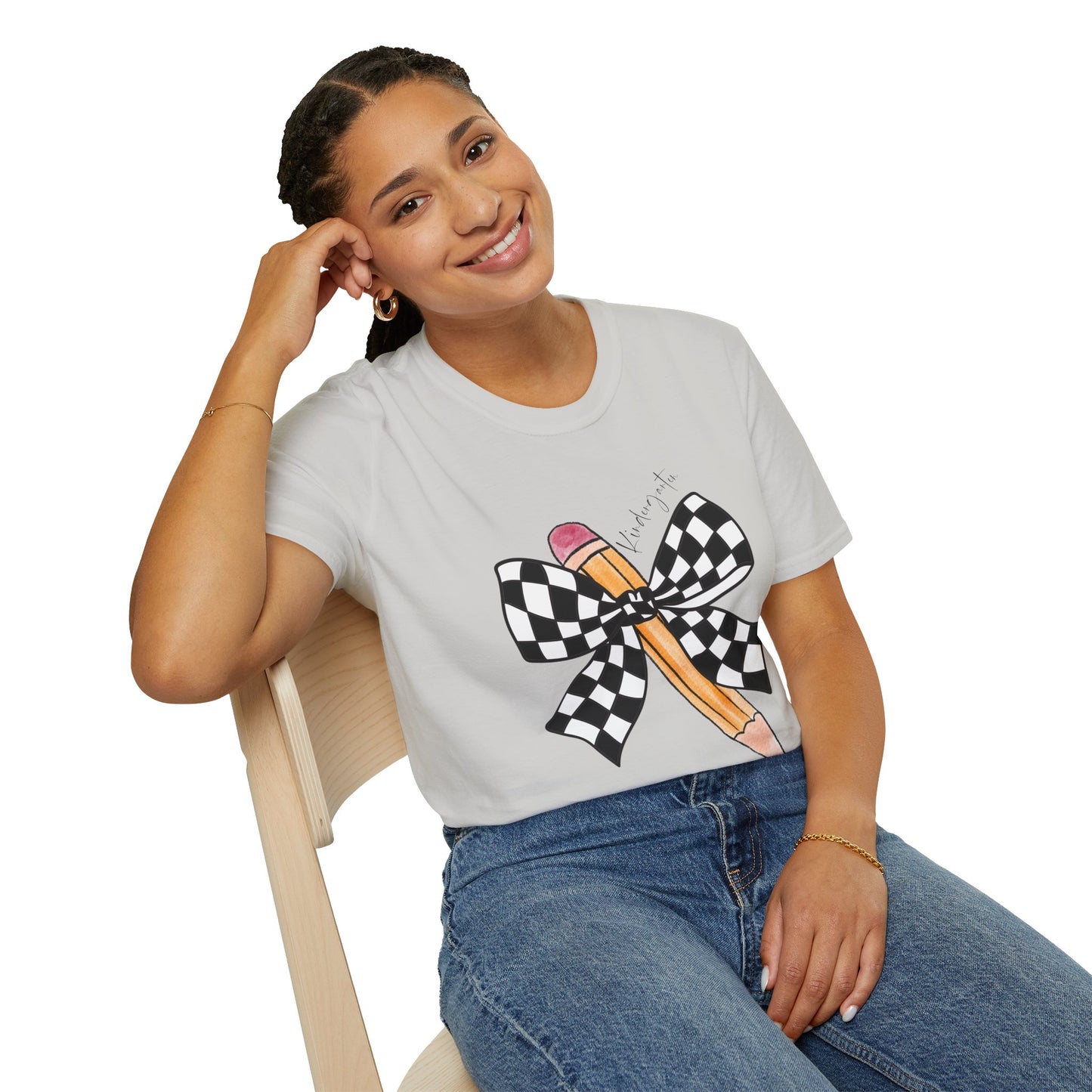 Kindergarten-Checkered Bow + Pencil- Teacher Tee- Softstyle Unisex Tee