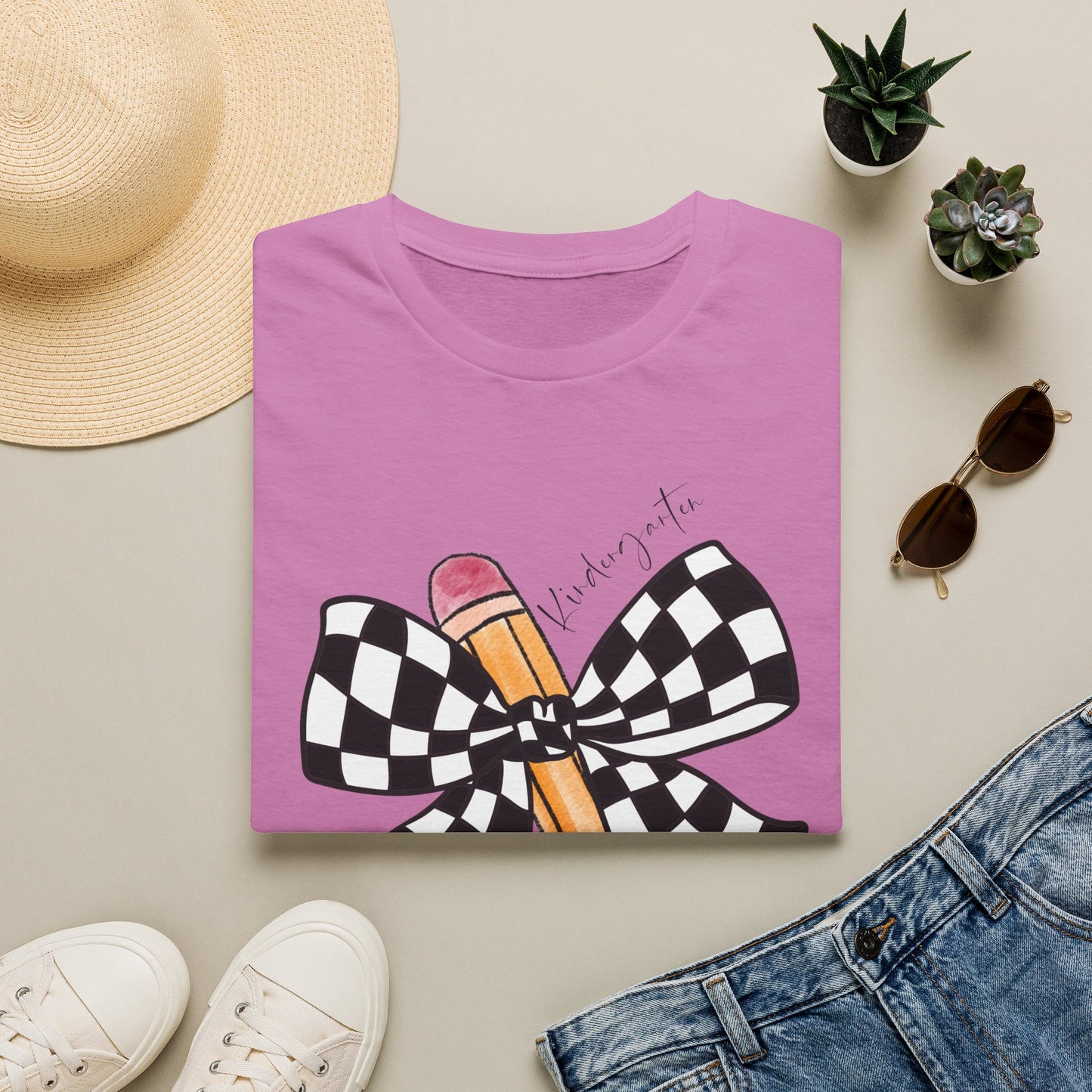 Kindergarten- Pencil & Checker Bow T‑Shirt — Teacher Collection
