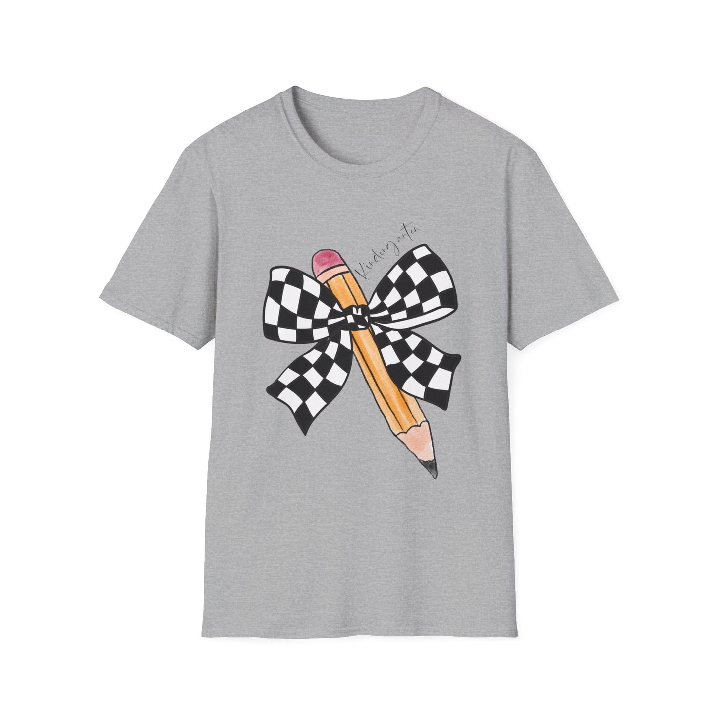 Kindergarten-Checkered Bow + Pencil- Teacher Tee- Softstyle Unisex Tee
