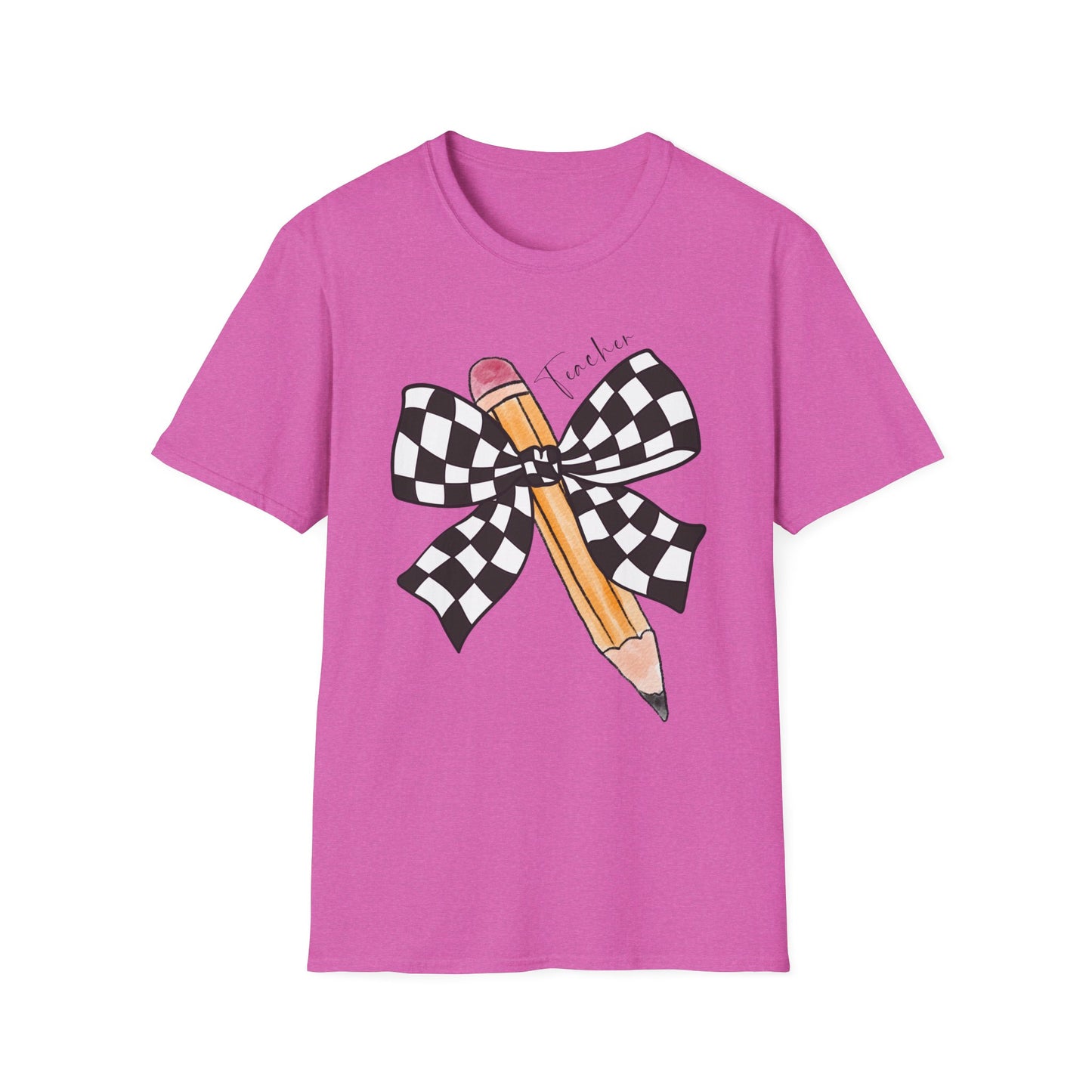 Checkered Bow + Pencil- Teacher Tee- Softstyle Unisex Tee