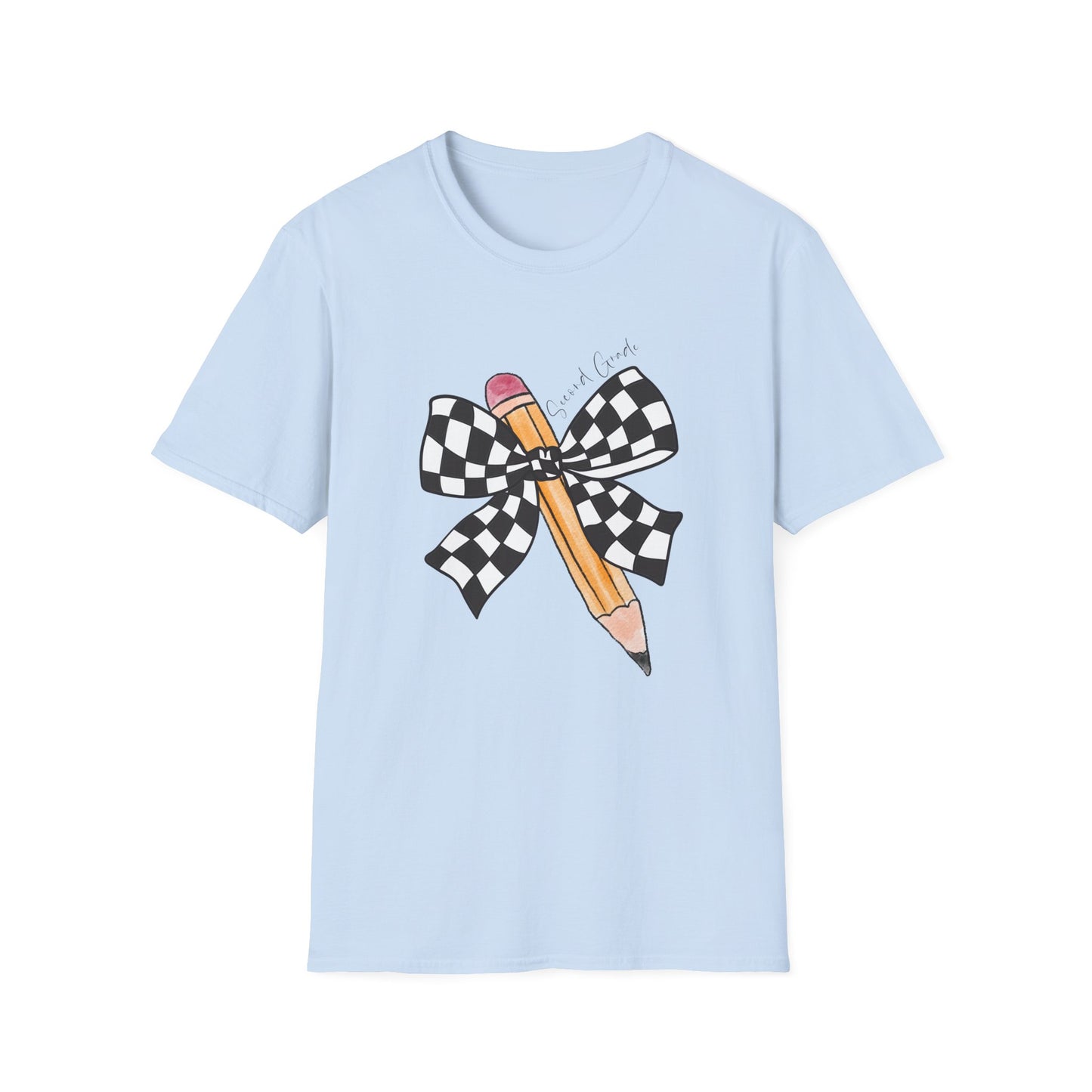 2nd Grade- Checkered Bow + Pencil- Teacher Tee- Softstyle Unisex Tee