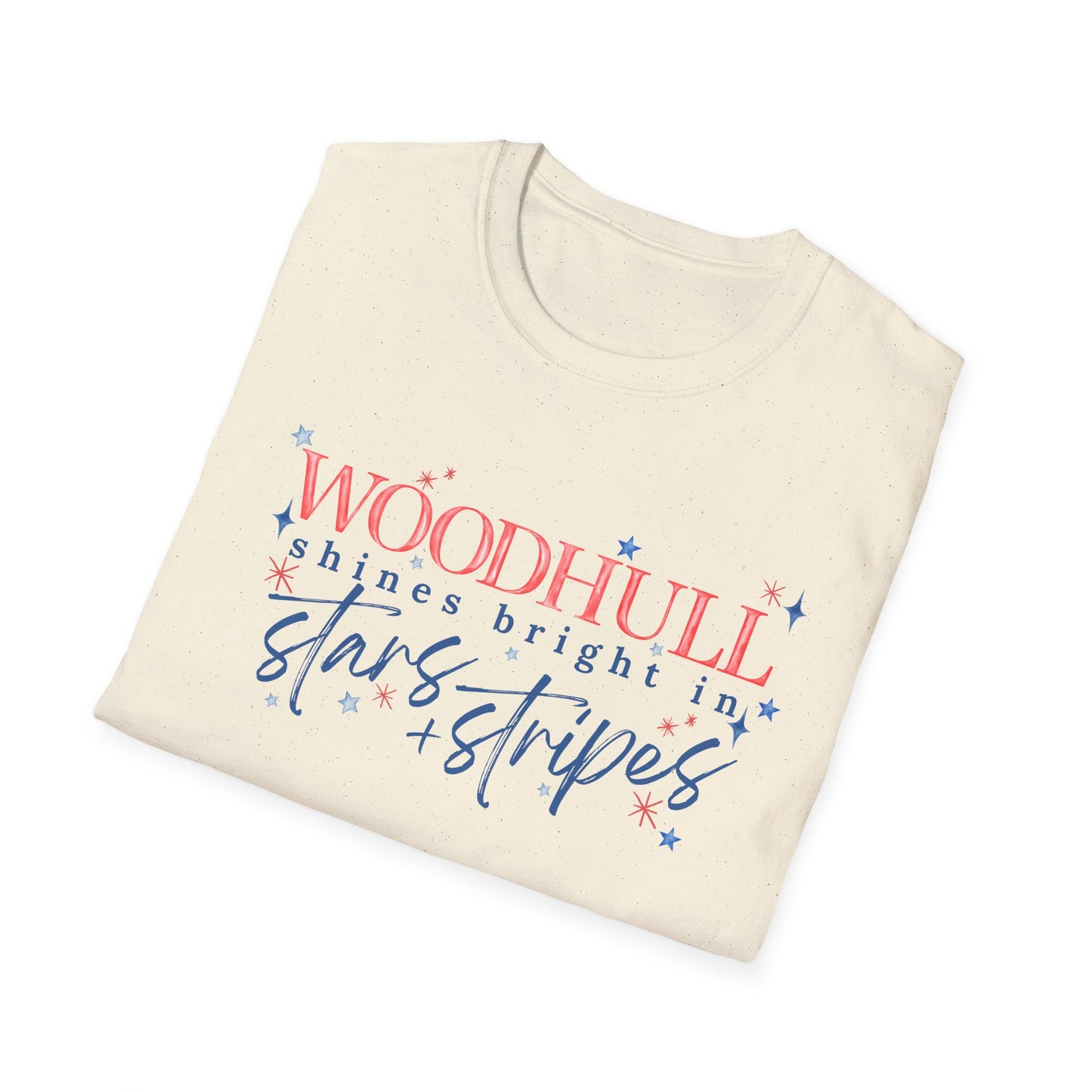 Flag Day Unisex Softstyle T-Shirt with Woodhull Shines Bright in Stars + Stripes Design- Holiday