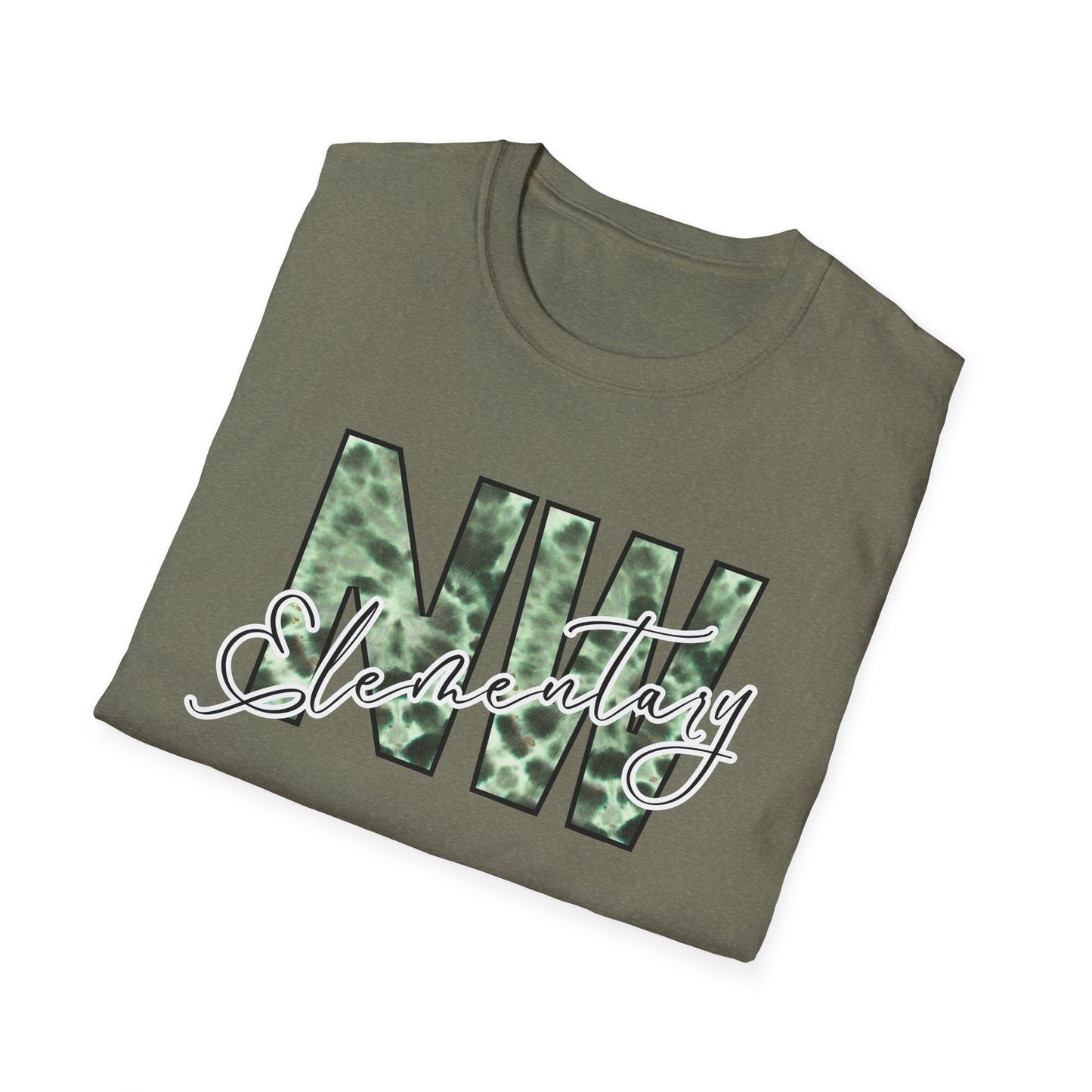 Tie Dye Woodhull Stylish Unisex Softstyle T-Shirt with Woodhull Elementary Design