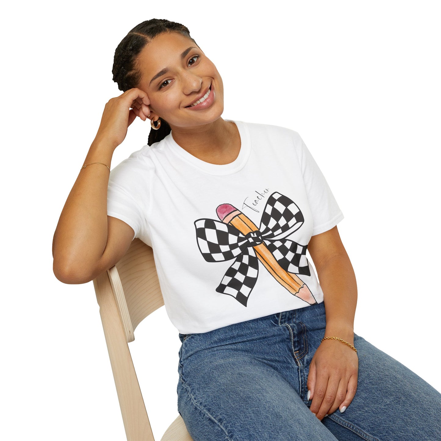 Checkered Bow + Pencil- Teacher Tee- Softstyle Unisex Tee