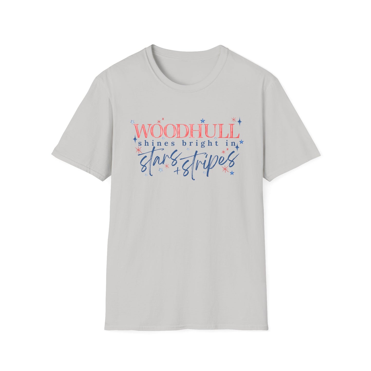 Flag Day Unisex Softstyle T-Shirt with Woodhull Shines Bright in Stars + Stripes Design- Holiday
