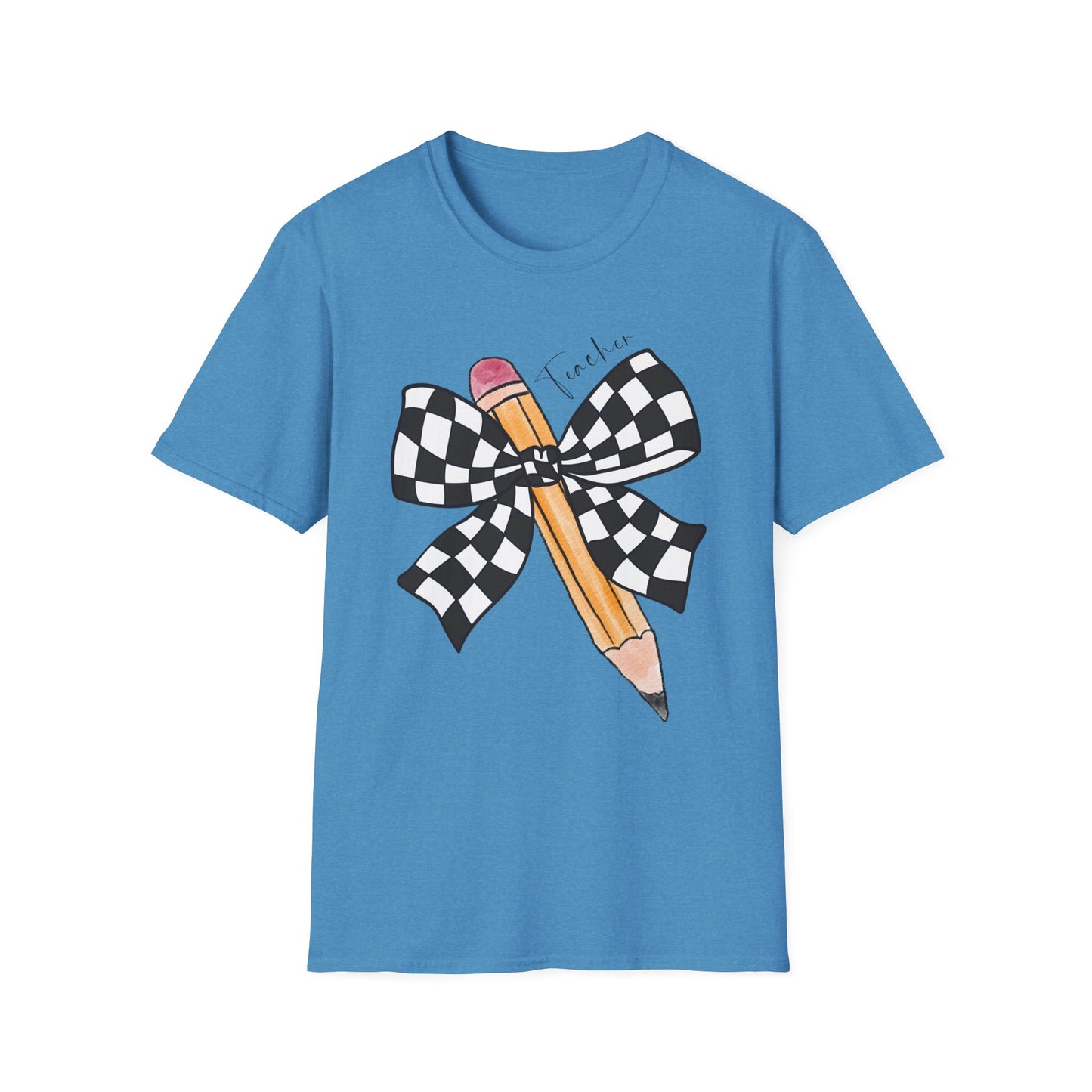 Checkered Bow + Pencil- Teacher Tee- Softstyle Unisex Tee