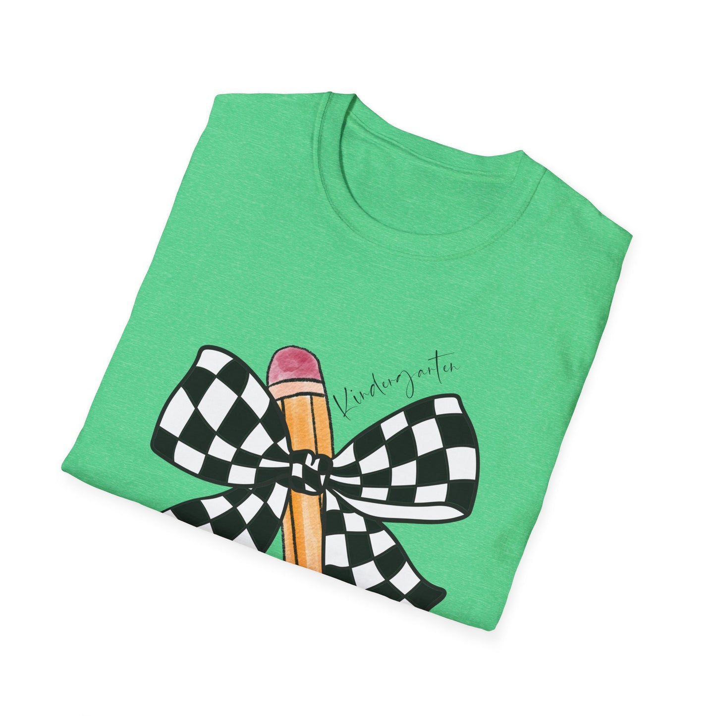 Kindergarten-Checkered Bow + Pencil- Teacher Tee- Softstyle Unisex Tee