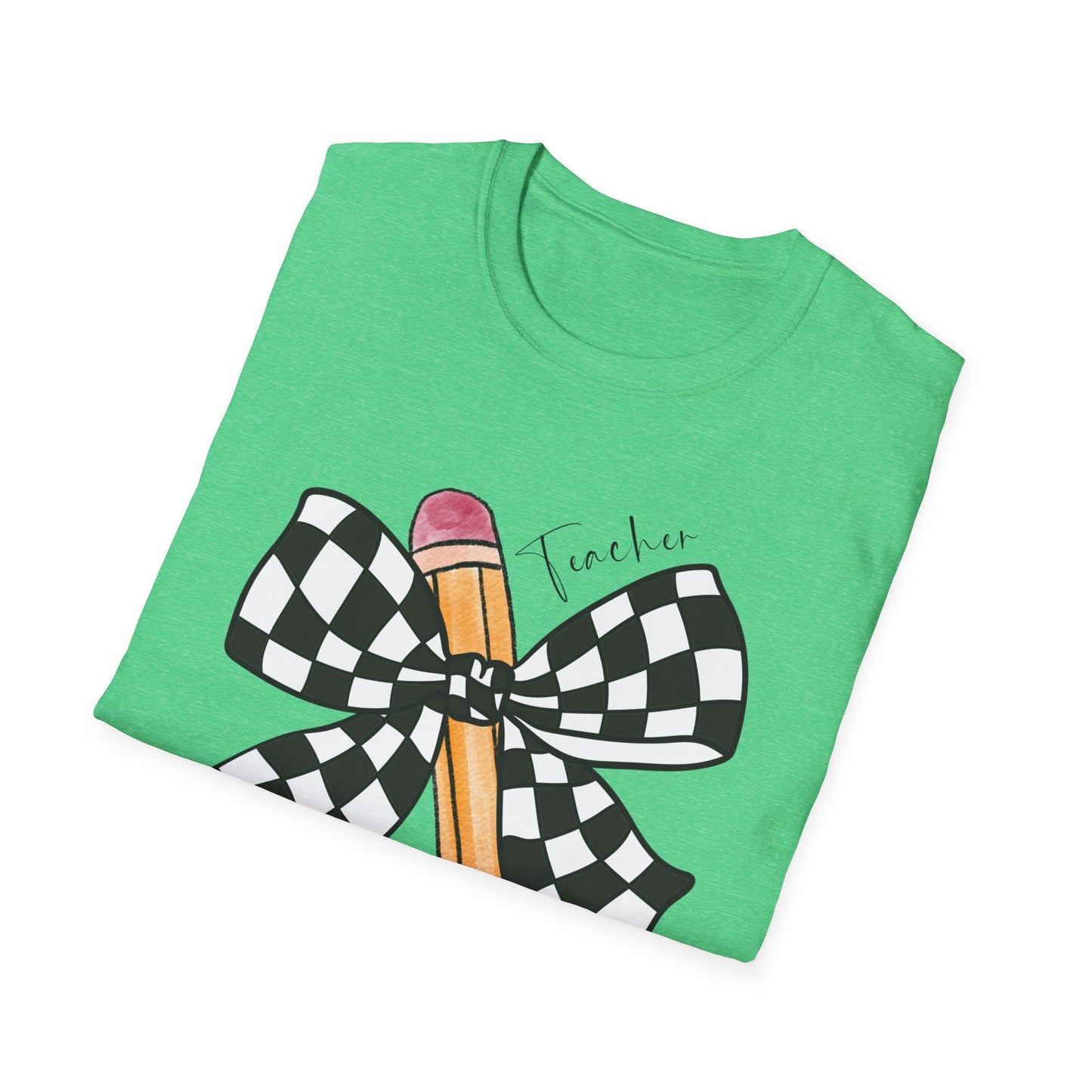 Checkered Bow + Pencil- Teacher Tee- Softstyle Unisex Tee