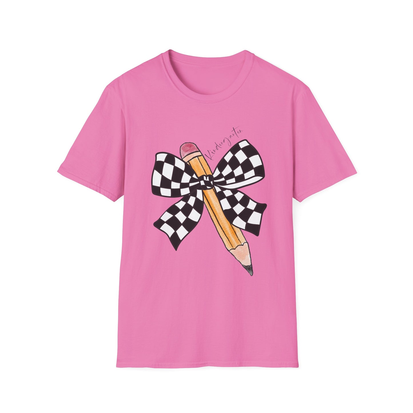 Kindergarten- Pencil & Checker Bow T‑Shirt — Teacher Collection