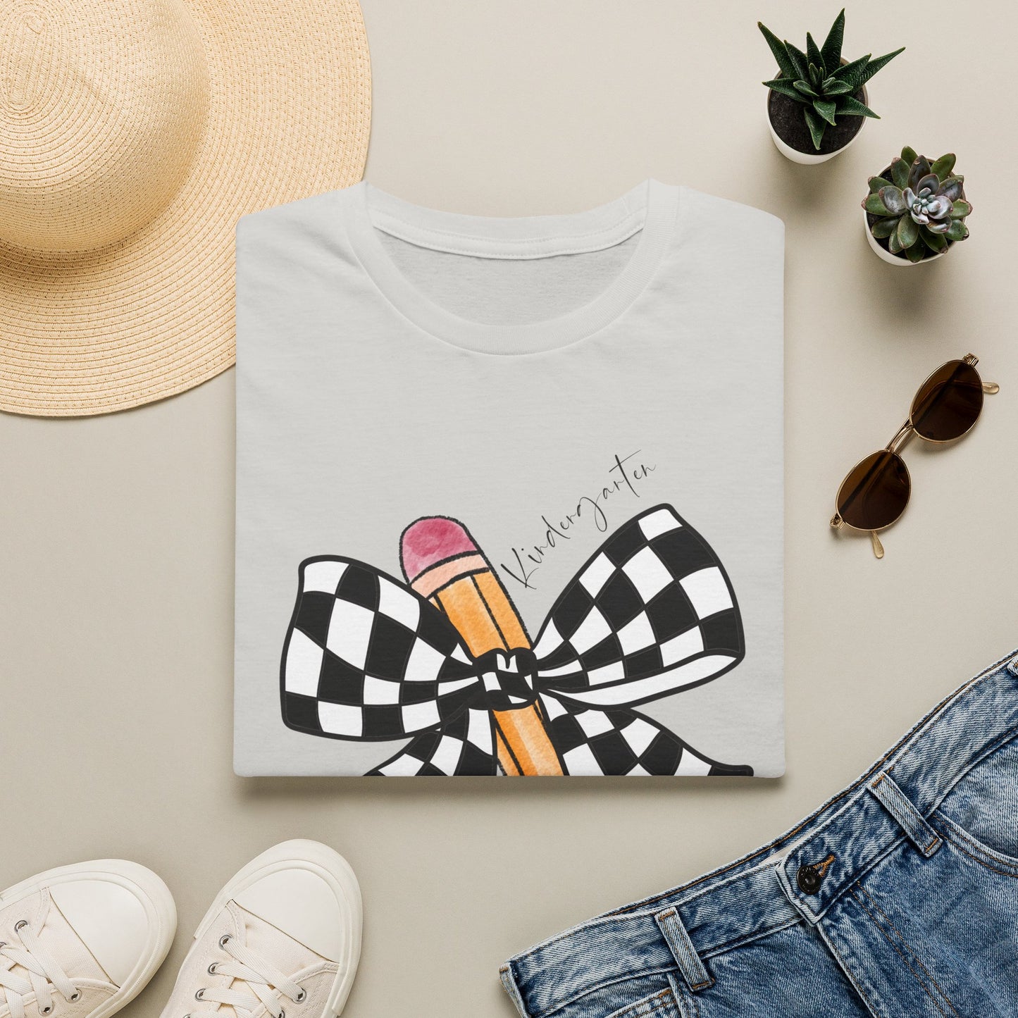 Kindergarten- Pencil & Checker Bow T‑Shirt — Teacher Collection