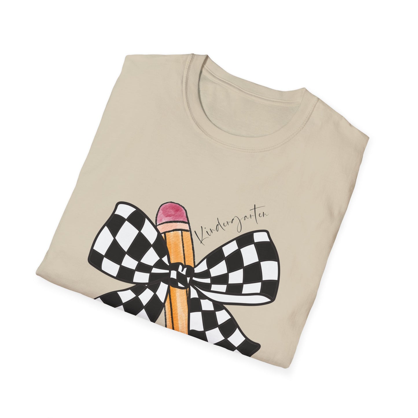 Kindergarten-Checkered Bow + Pencil- Teacher Tee- Softstyle Unisex Tee