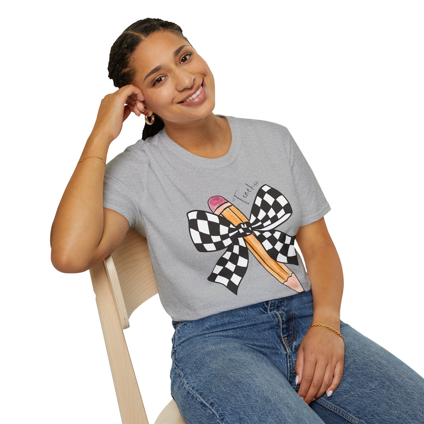 Checkered Bow + Pencil- Teacher Tee- Softstyle Unisex Tee