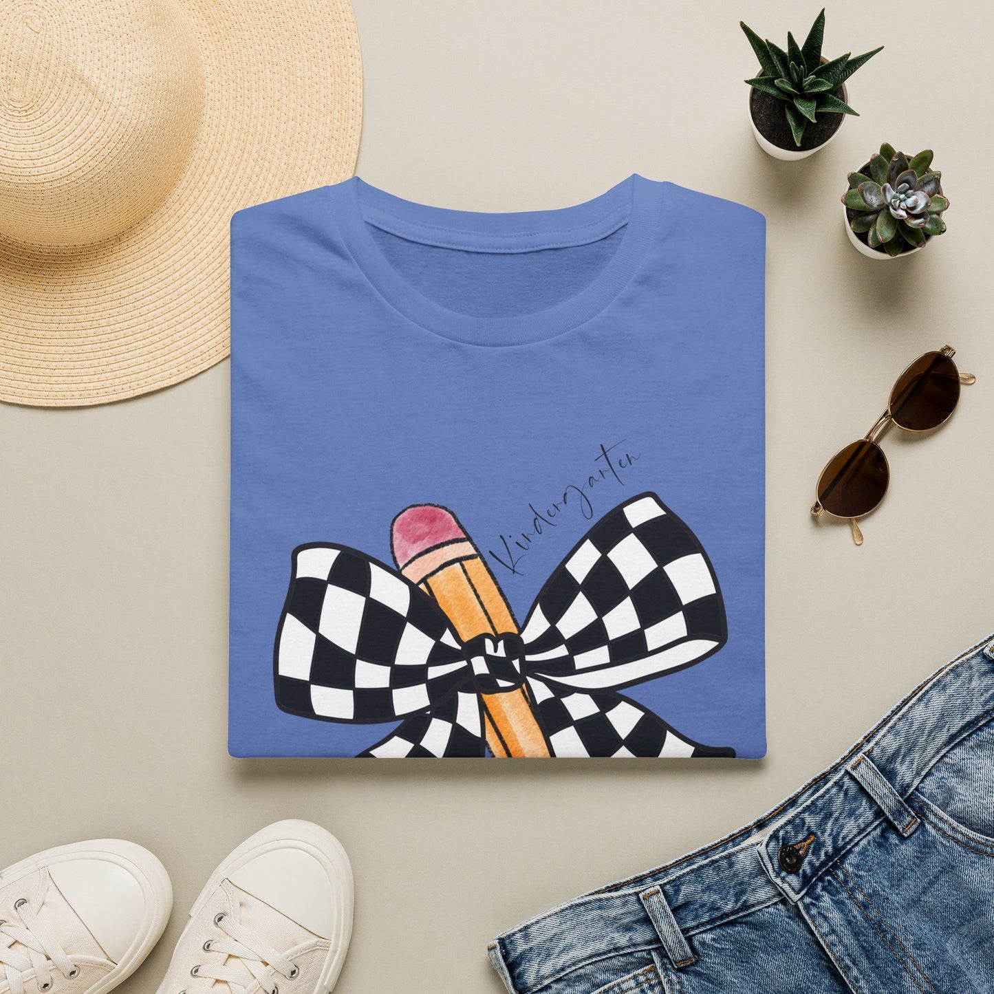 Kindergarten- Pencil & Checker Bow T‑Shirt — Teacher Collection
