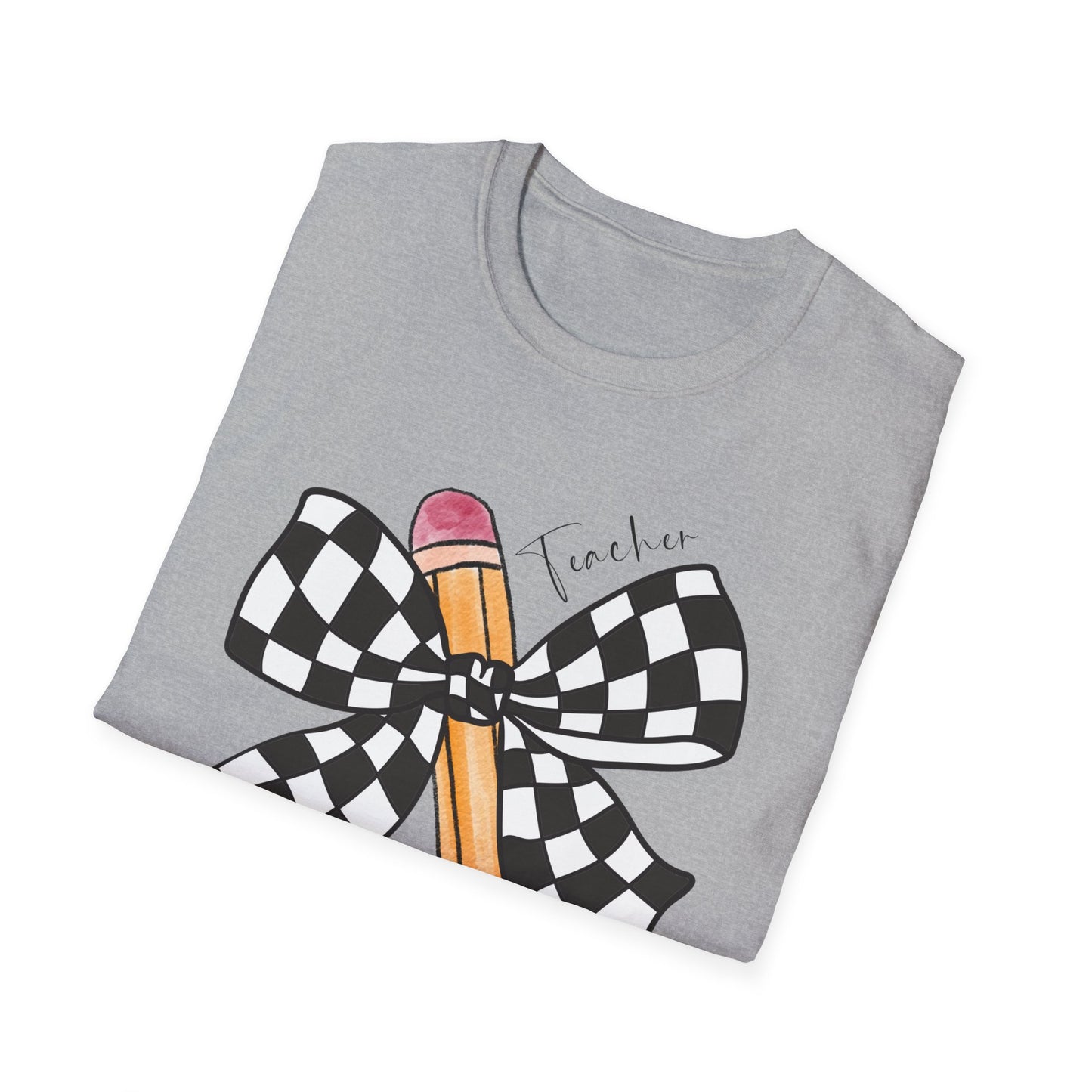 Checkered Bow + Pencil- Teacher Tee- Softstyle Unisex Tee