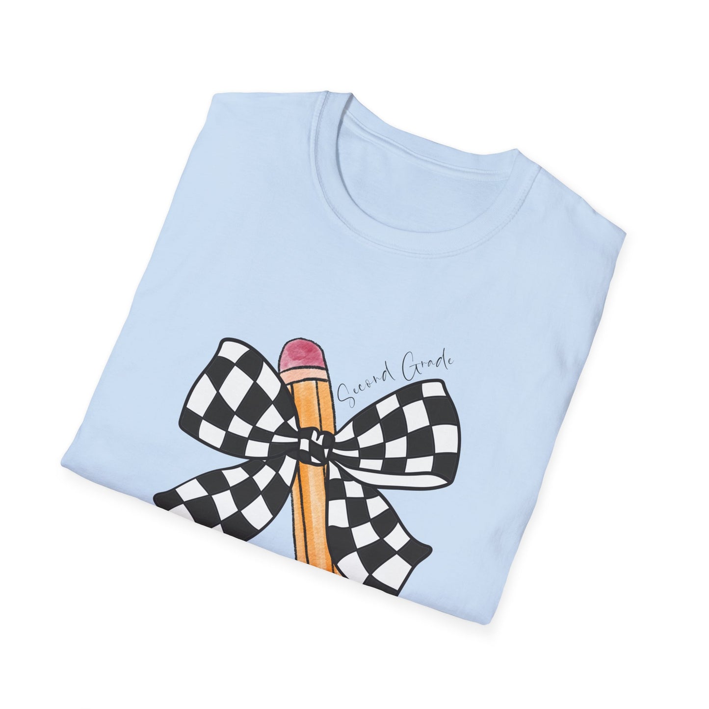 2nd Grade- Checkered Bow + Pencil- Teacher Tee- Softstyle Unisex Tee