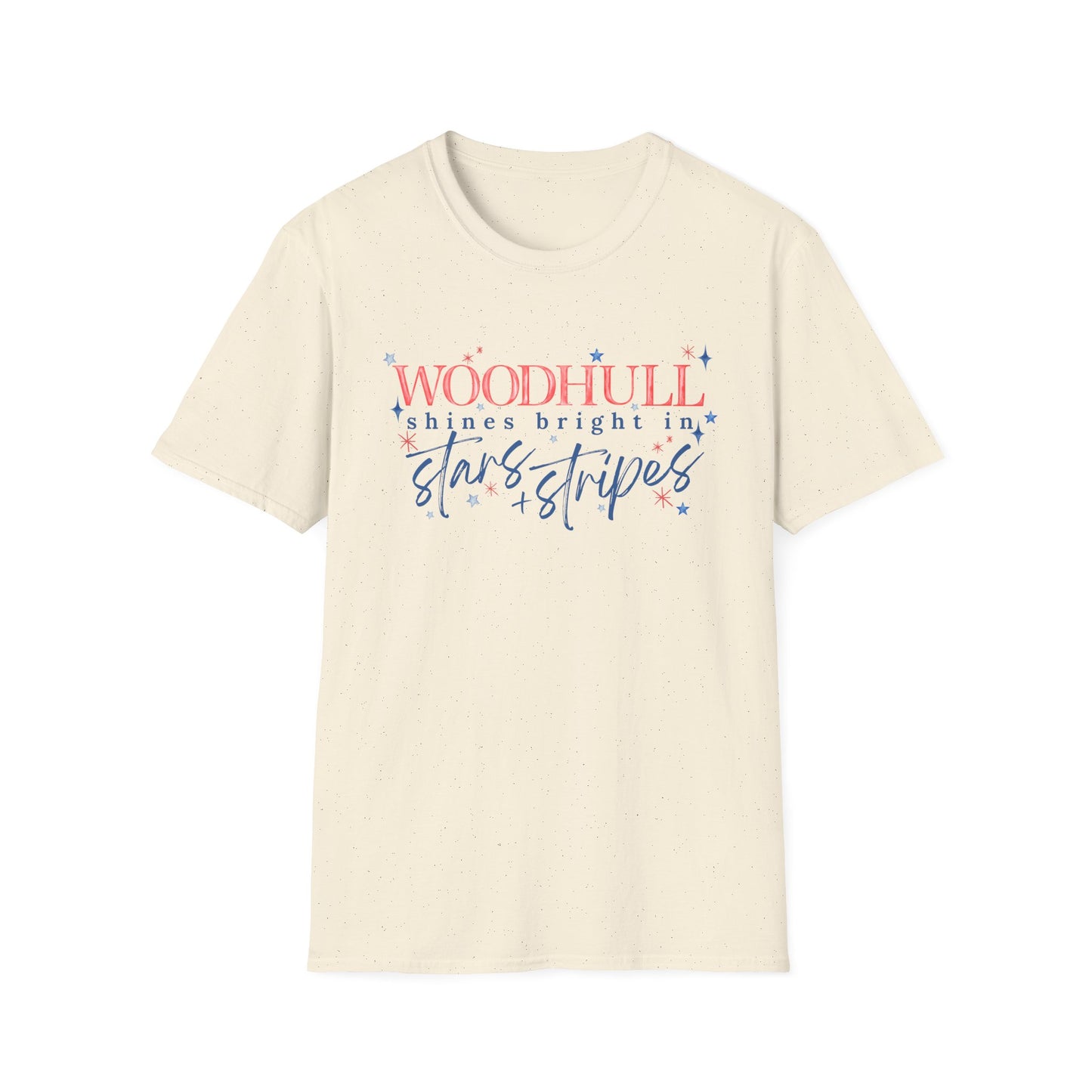 Flag Day Unisex Softstyle T-Shirt with Woodhull Shines Bright in Stars + Stripes Design- Holiday