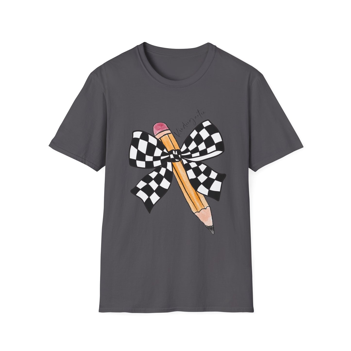 Kindergarten-Checkered Bow + Pencil- Teacher Tee- Softstyle Unisex Tee