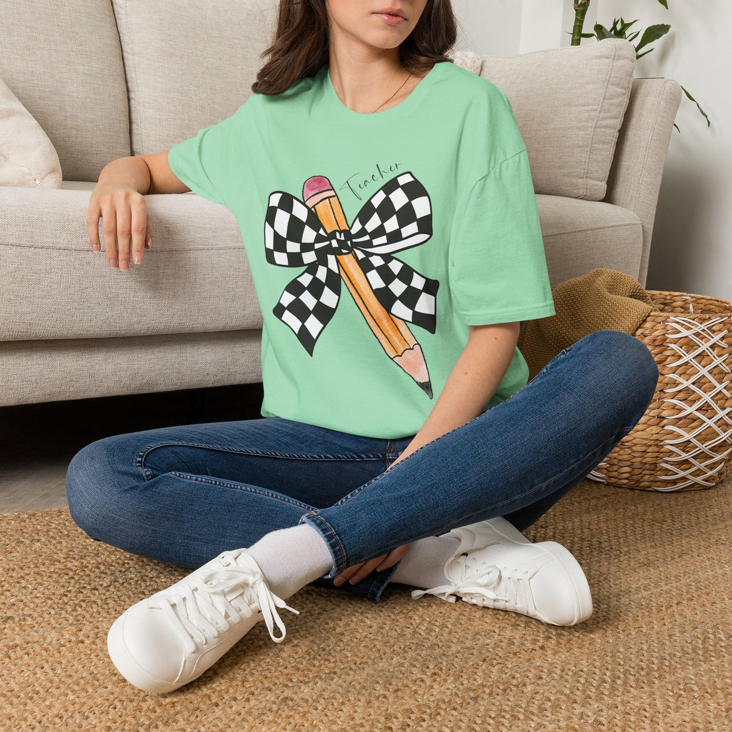 Checkered Bow + Pencil- Teacher Tee- Softstyle Unisex Tee