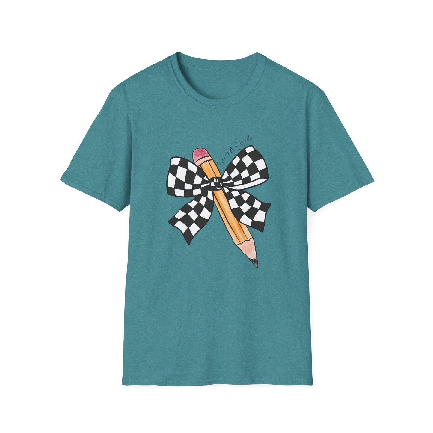 2nd Grade- Checkered Bow + Pencil- Teacher Tee- Softstyle Unisex Tee