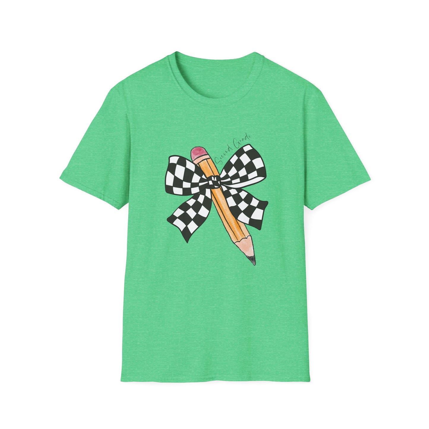 2nd Grade- Checkered Bow + Pencil- Teacher Tee- Softstyle Unisex Tee