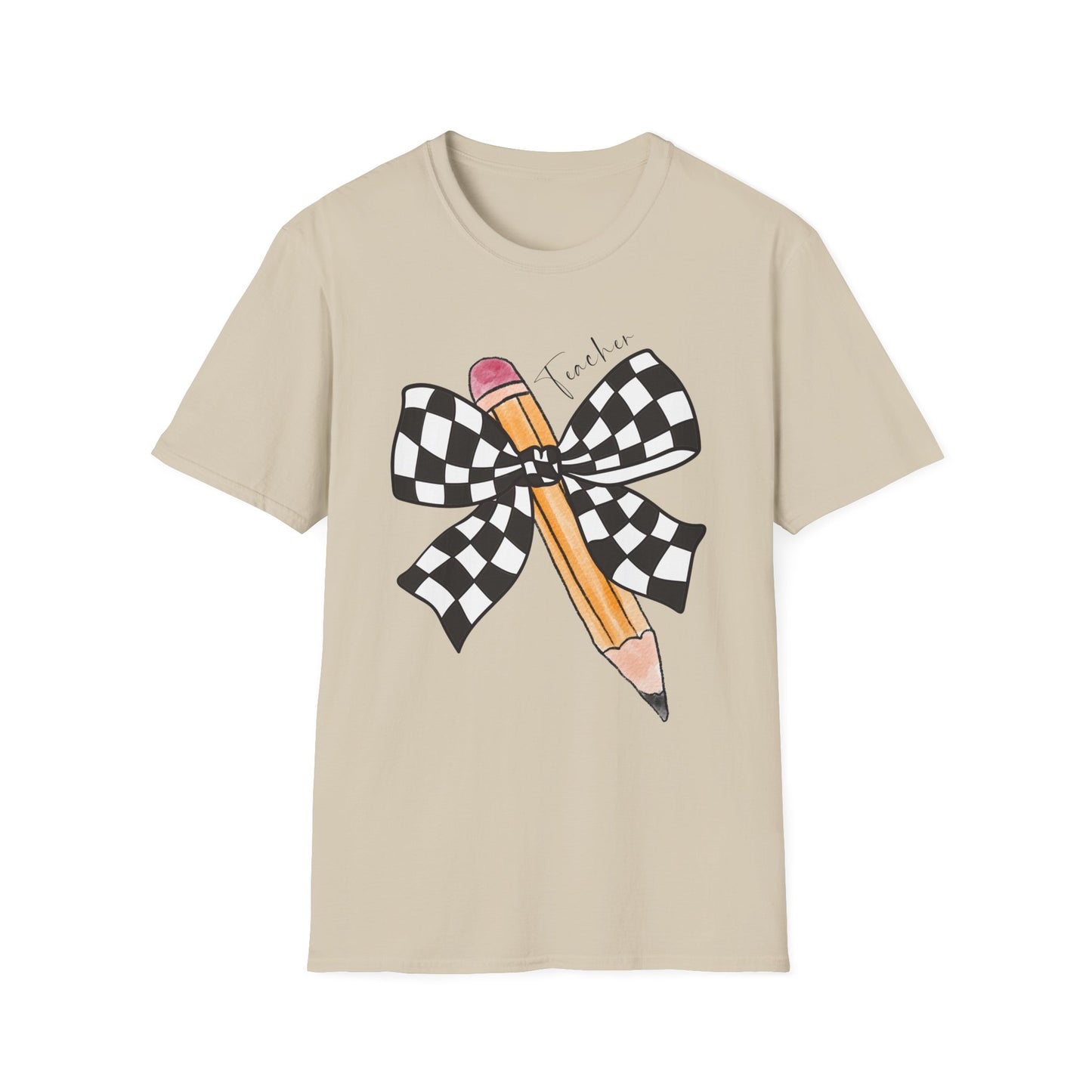 Checkered Bow + Pencil- Teacher Tee- Softstyle Unisex Tee