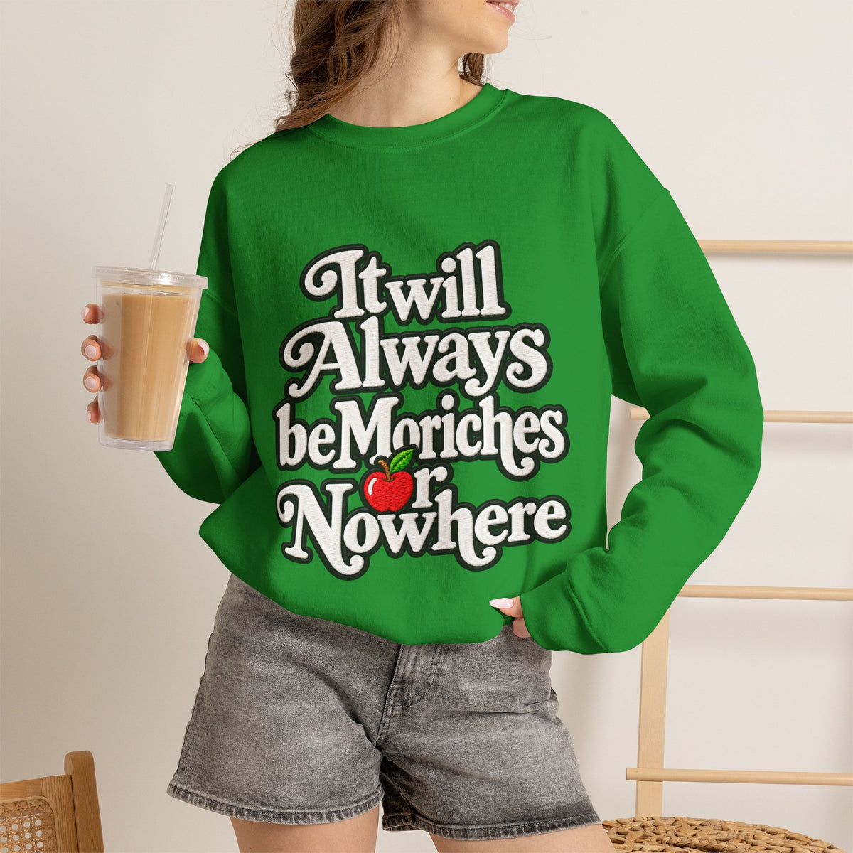 "Moriches or Nowhere" w/ apple- LARGE FRONT Crewneck Sweatshirt