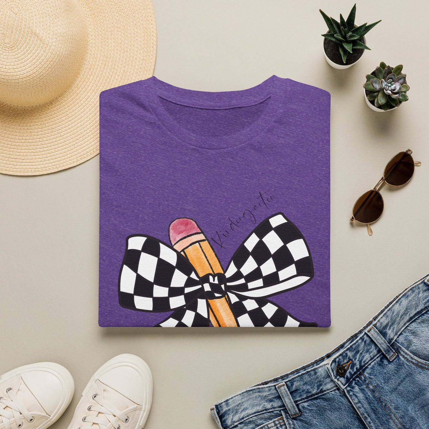 Kindergarten- Pencil & Checker Bow T‑Shirt — Teacher Collection