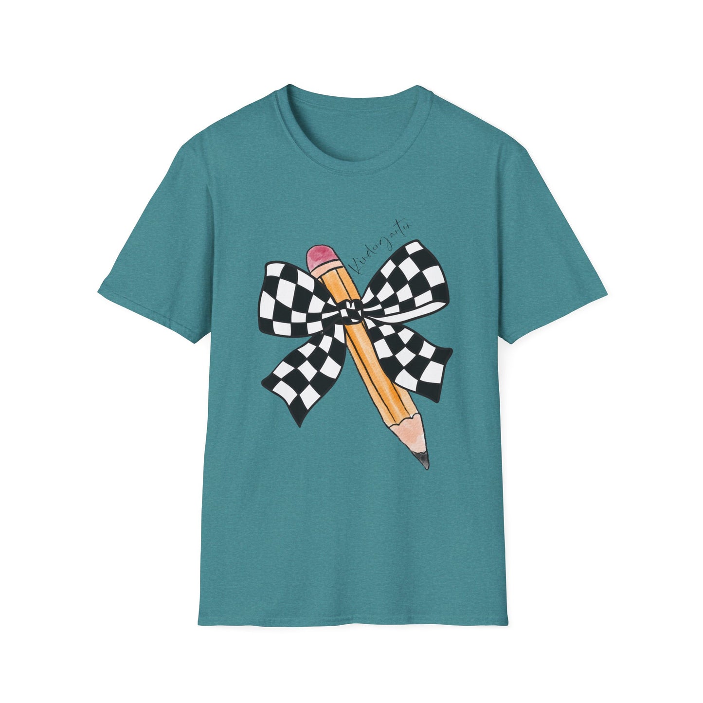 Kindergarten-Checkered Bow + Pencil- Teacher Tee- Softstyle Unisex Tee