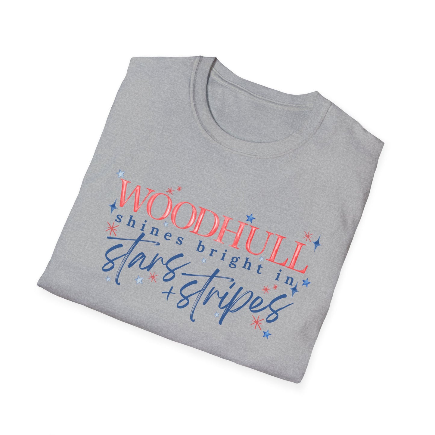 Flag Day Unisex Softstyle T-Shirt with Woodhull Shines Bright in Stars + Stripes Design- Holiday