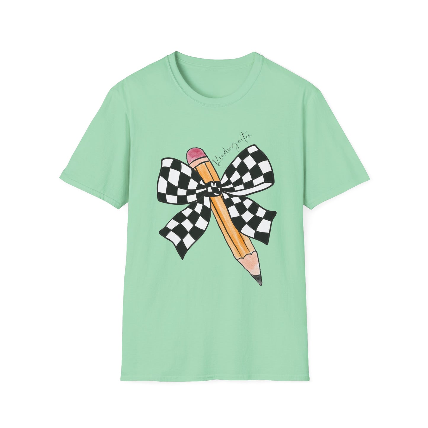 Kindergarten- Pencil & Checker Bow T‑Shirt — Teacher Collection