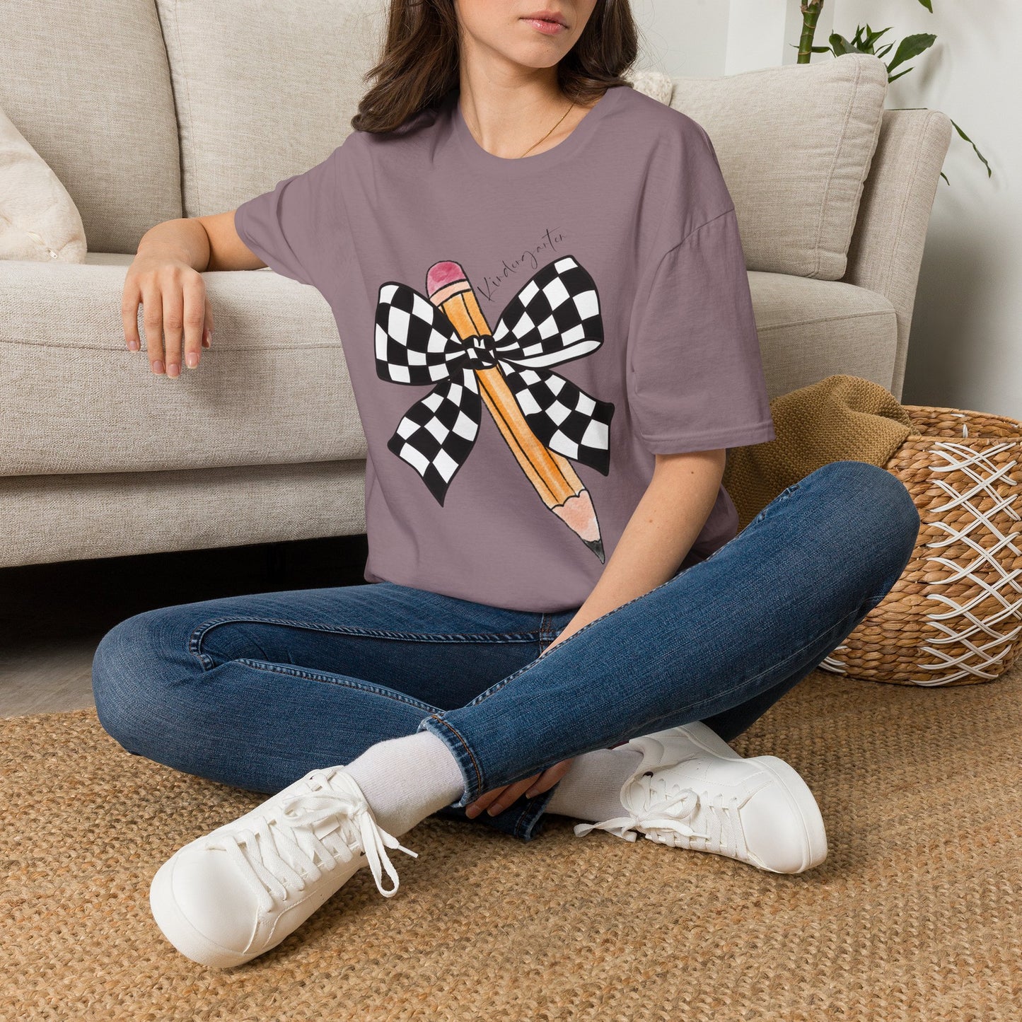 Kindergarten- Pencil & Checker Bow T‑Shirt — Teacher Collection