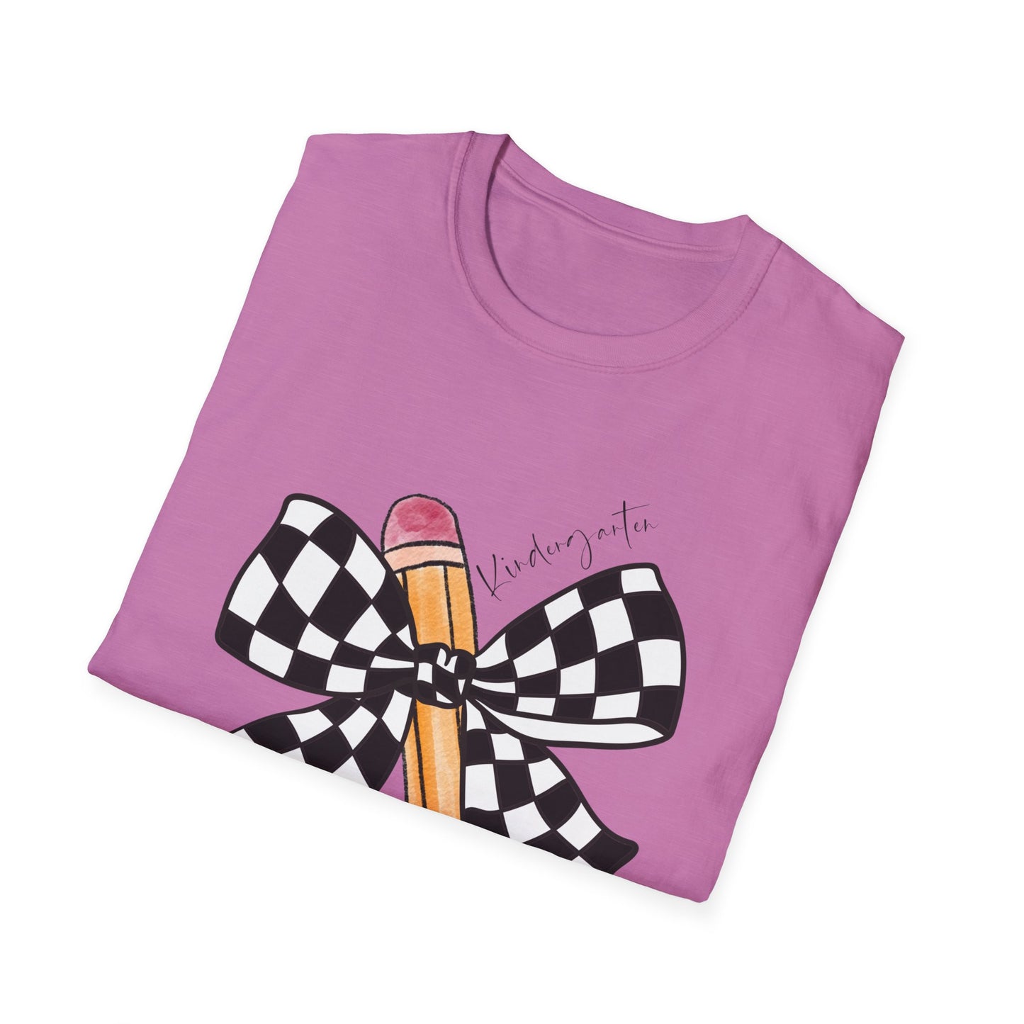 Kindergarten-Checkered Bow + Pencil- Teacher Tee- Softstyle Unisex Tee