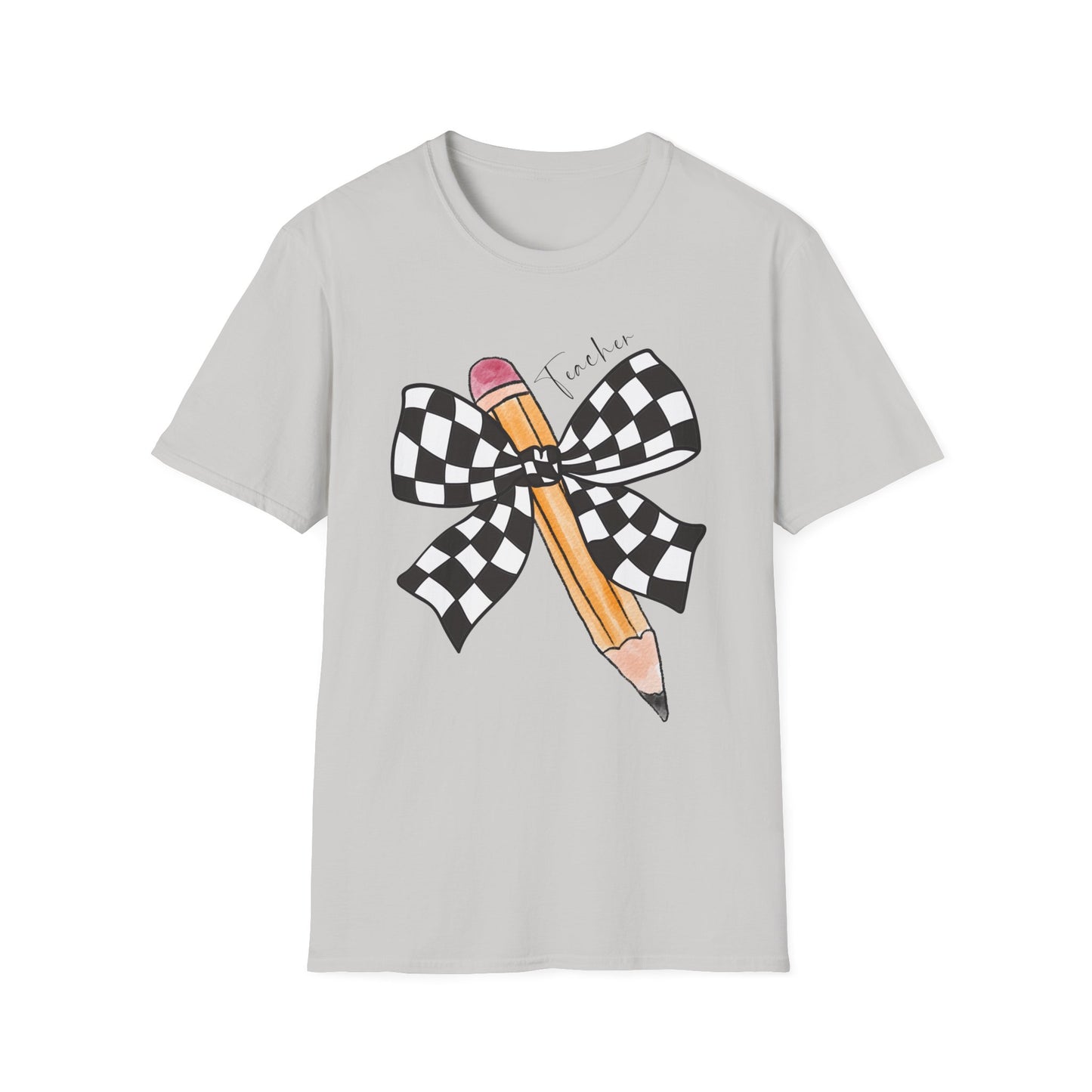 Checkered Bow + Pencil- Teacher Tee- Softstyle Unisex Tee