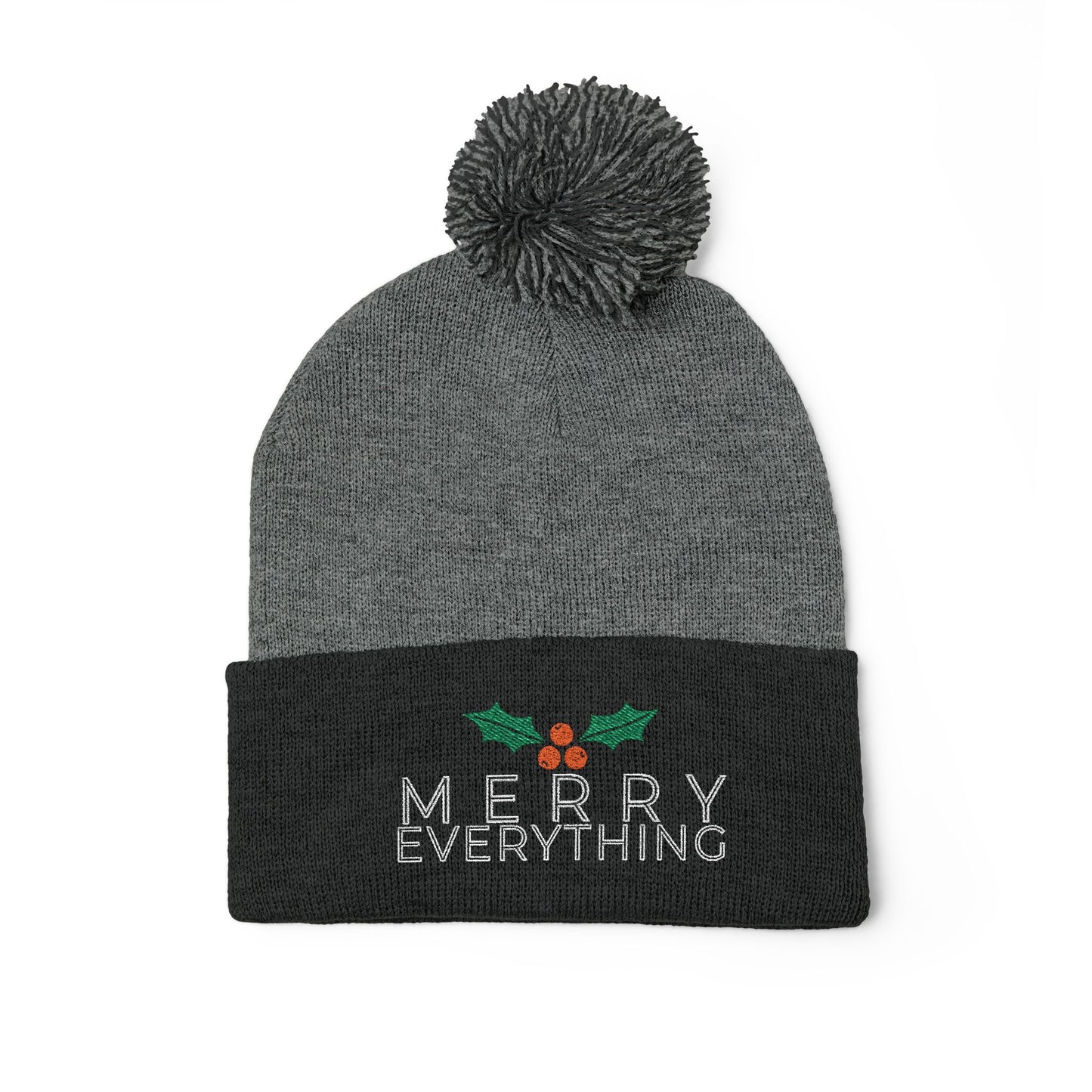 Merry Everything Pom-Pom Beanie — Embroidered Christmas Knit Cap