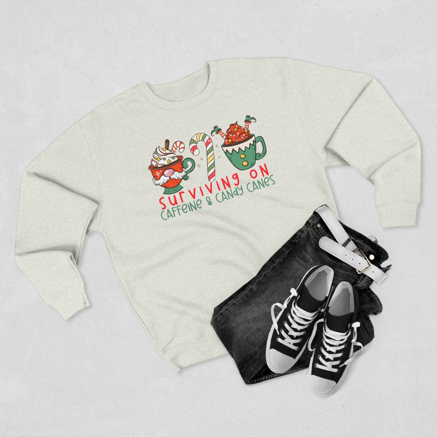 Surviving on Caffeine and Candy Canes -Unisex Crewneck Sweatshirt- Christmas