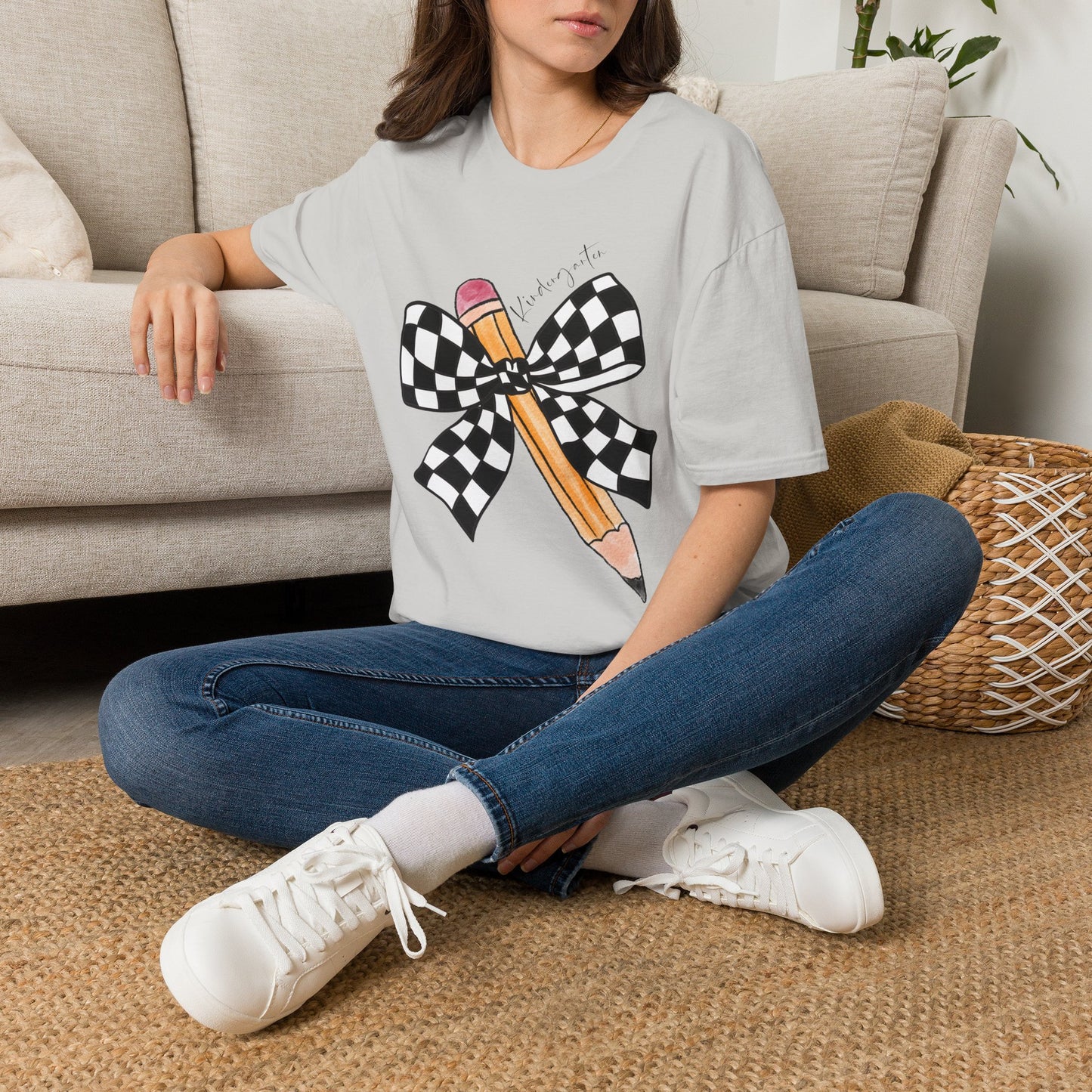 Kindergarten- Pencil & Checker Bow T‑Shirt — Teacher Collection