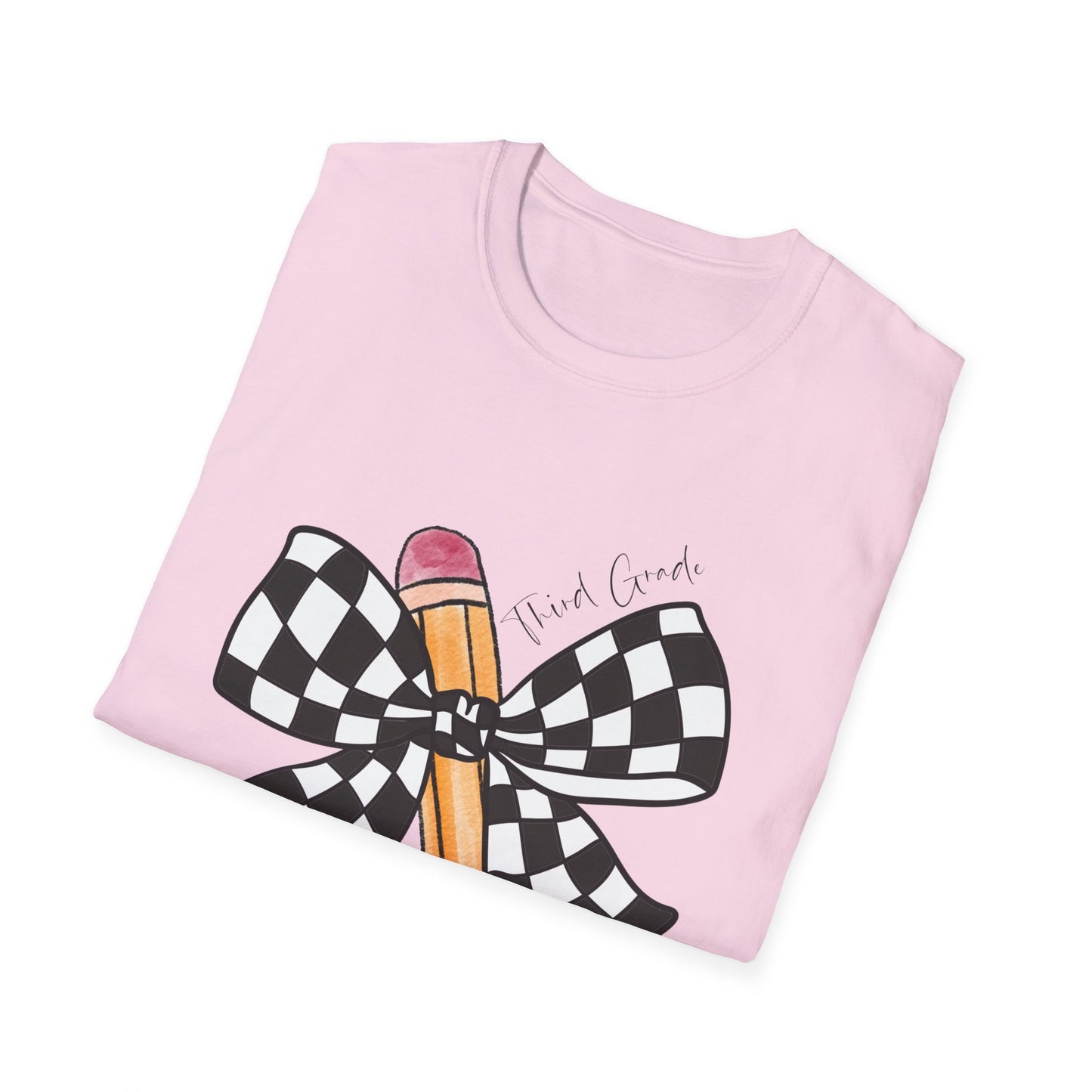 3rd Grade- Checkered Bow + Pencil- Teacher Tee- Softstyle Unisex Tee