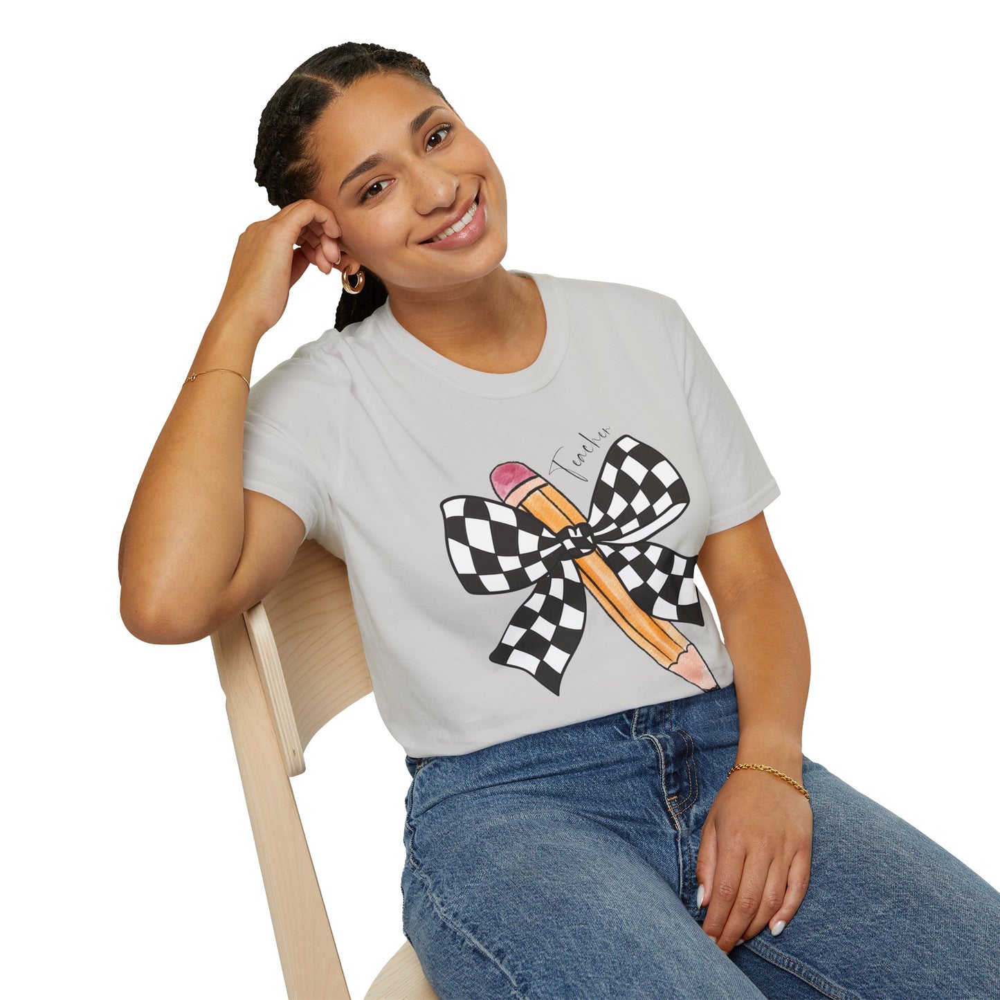 Checkered Bow + Pencil- Teacher Tee- Softstyle Unisex Tee