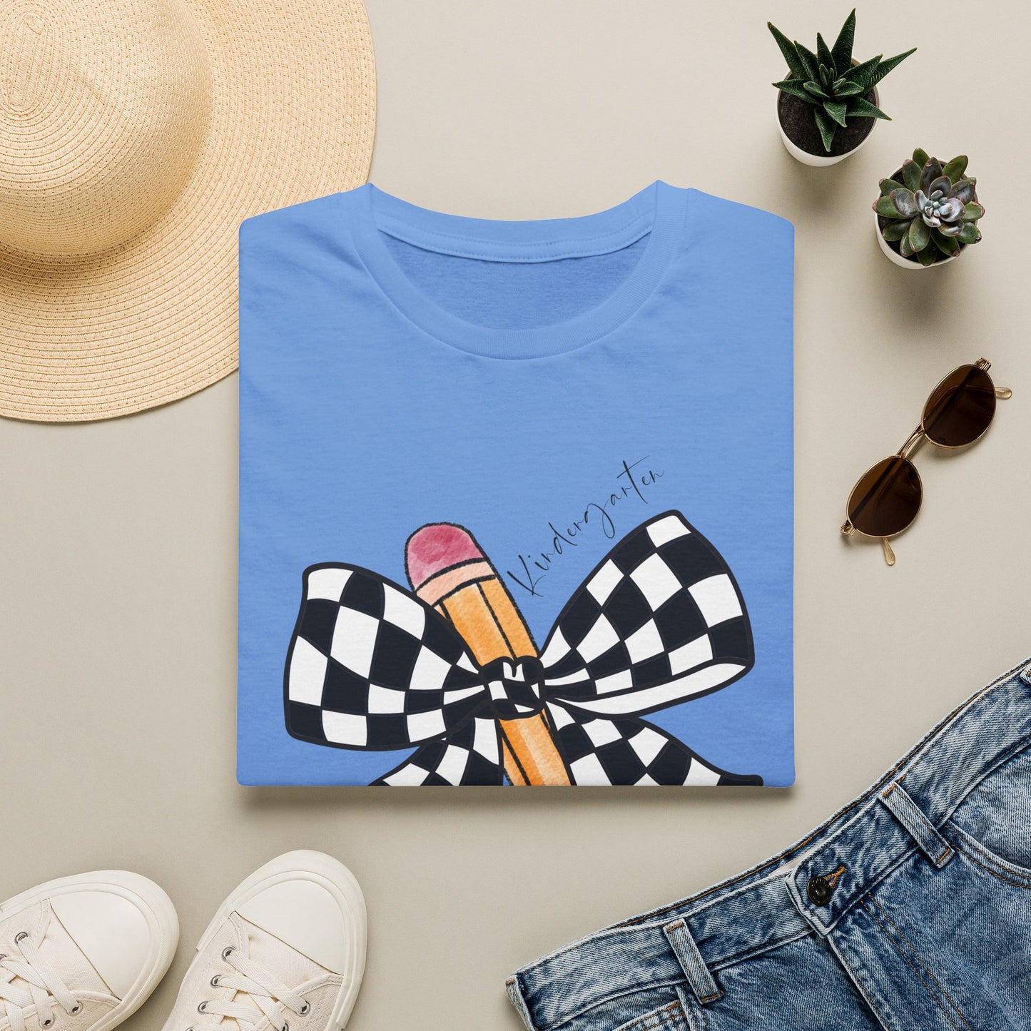Kindergarten- Pencil & Checker Bow T‑Shirt — Teacher Collection